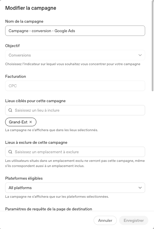 Panneau de création d'une campagne dans ChatGPT Ads Manager : nom, objectif, facturation, lieux ciblés