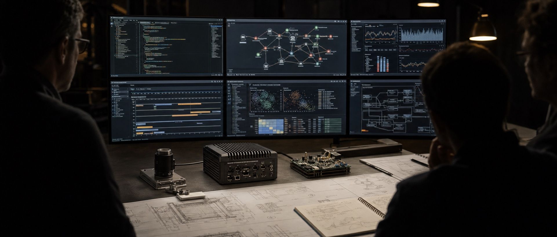 An engineering architecture review spanning code, service topology, operational analytics, AI evaluation, edge computing, and electronics prototypes.