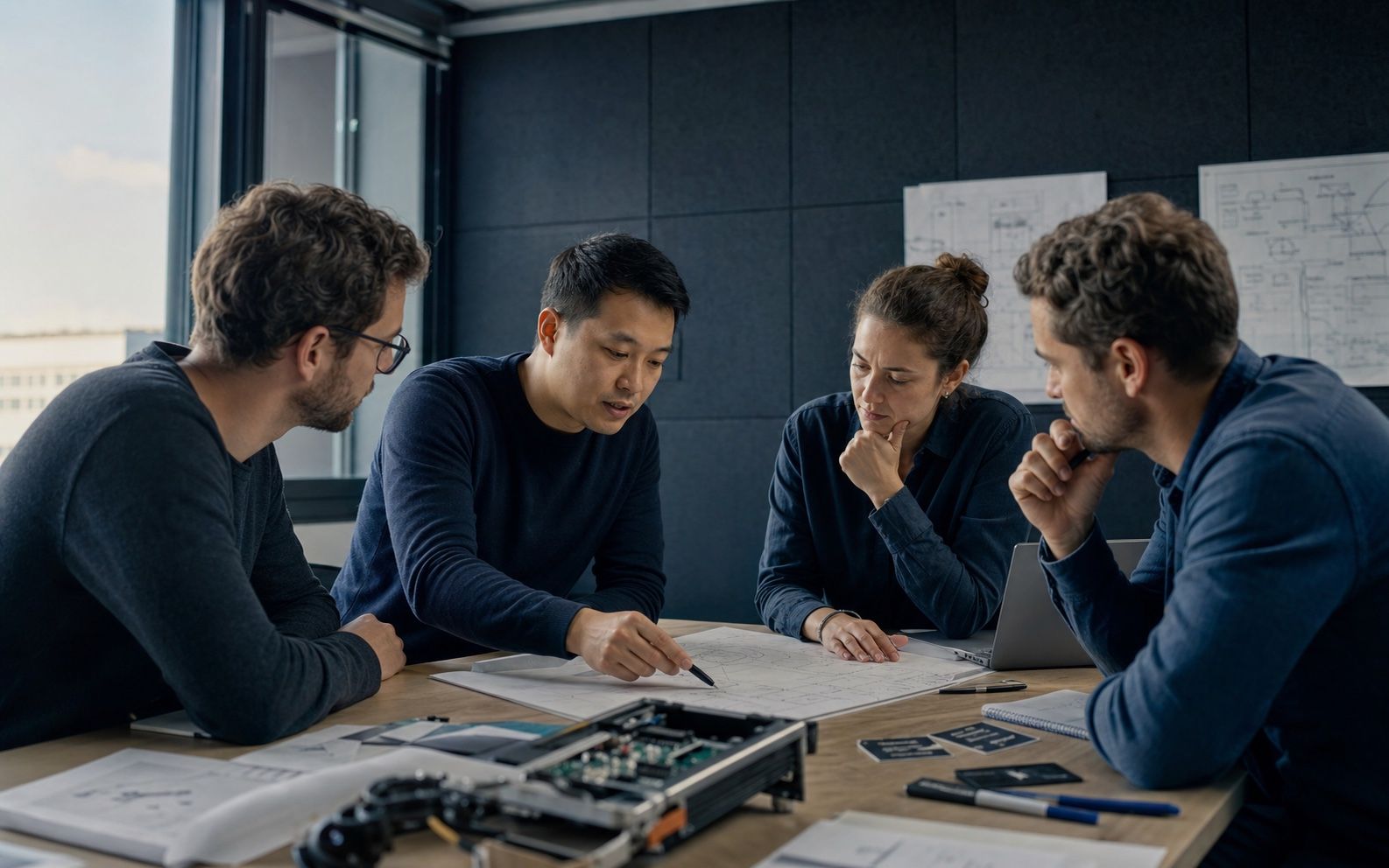 Four engineers in a focused architecture review, discussing a system design and hardware prototype around a table.