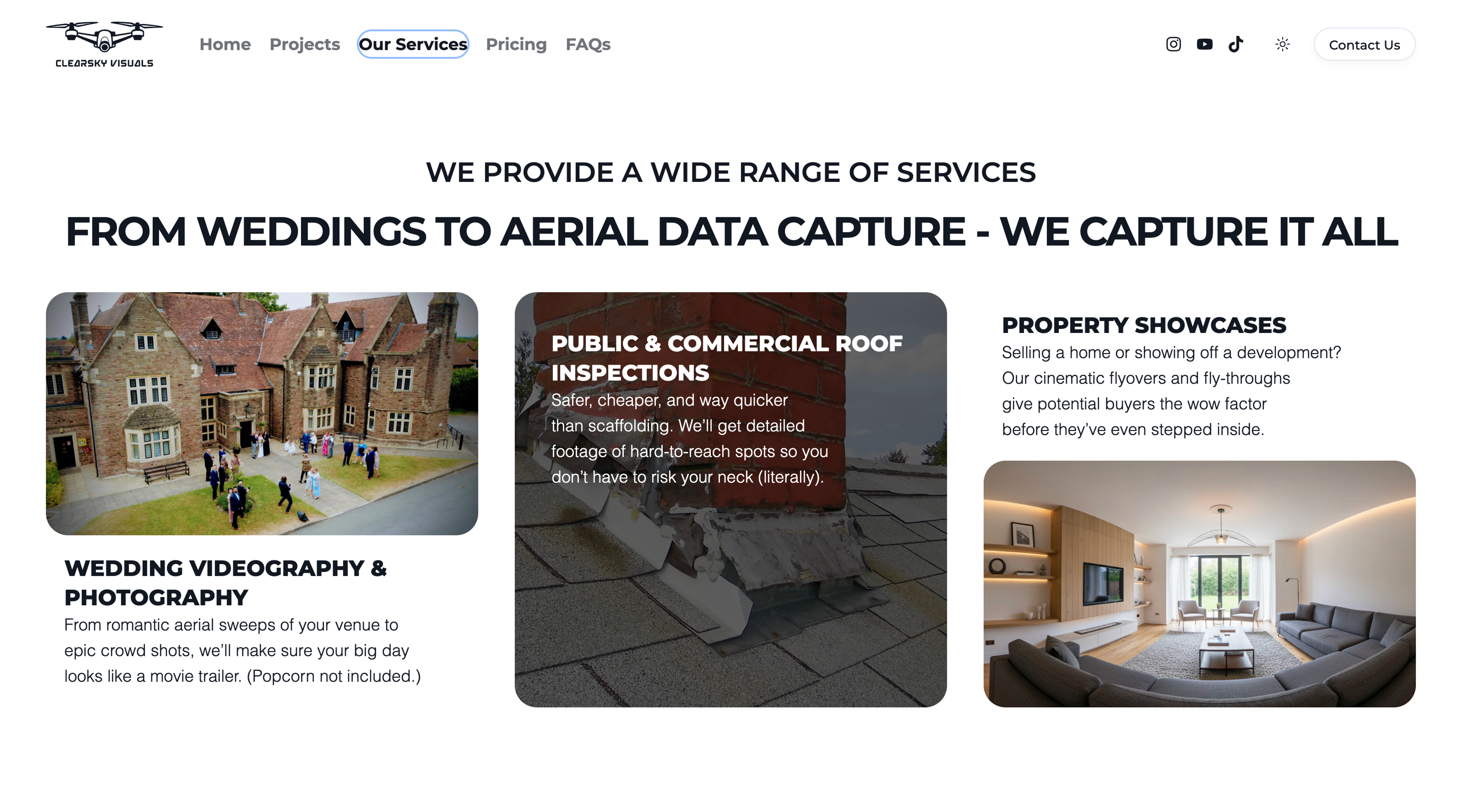 ClearSky Visuals website homepage showing aerial videography portfolio