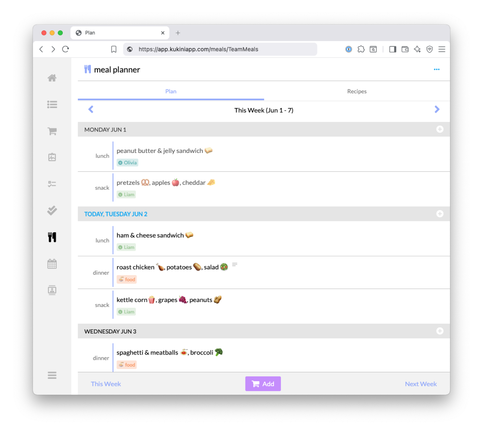 Kukini Meal Planner with Drawer Navigation