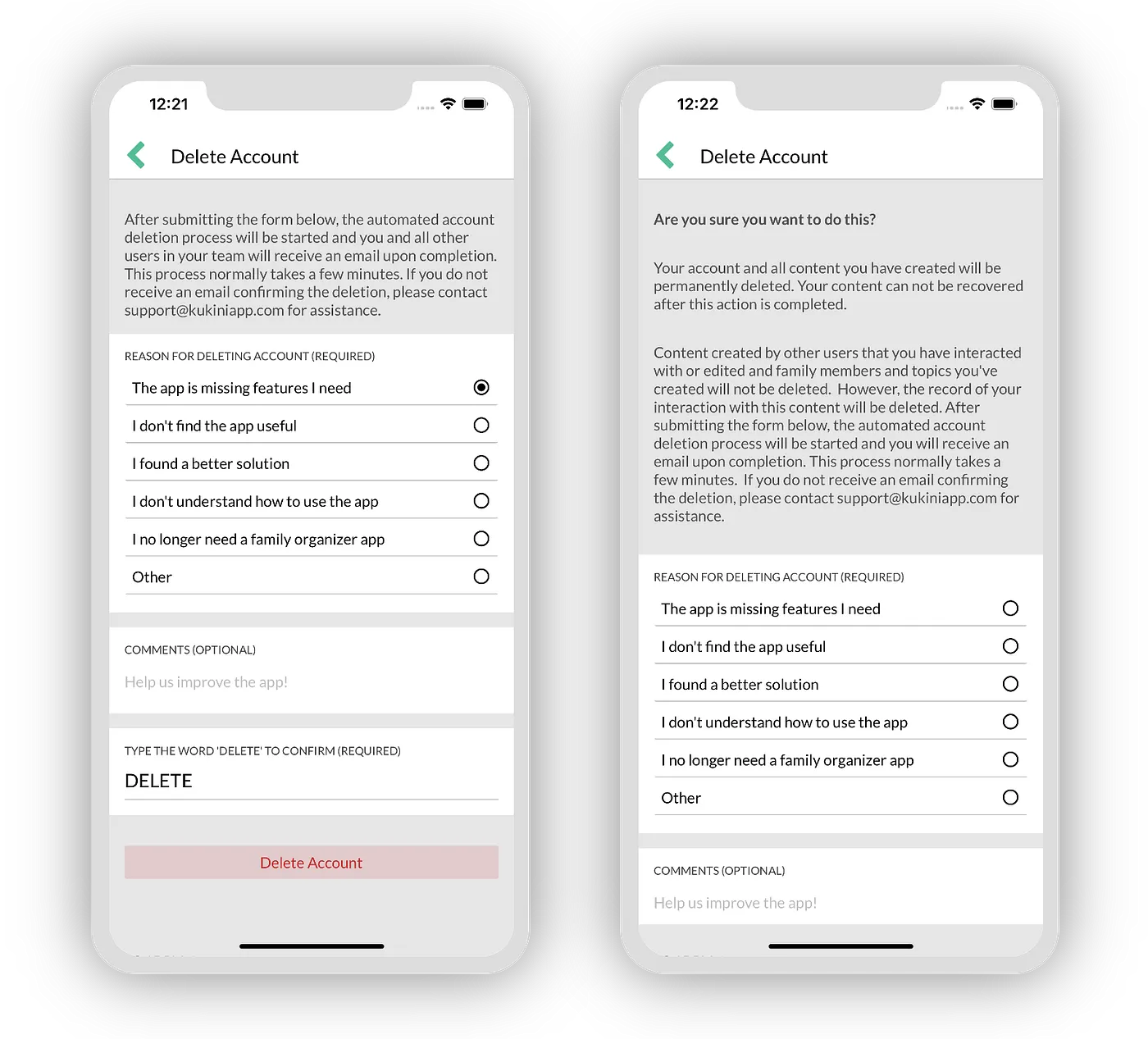 Completed form for admin and non-admin delete account form