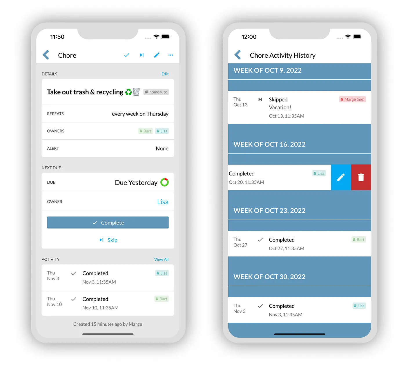 View and update chore activity history