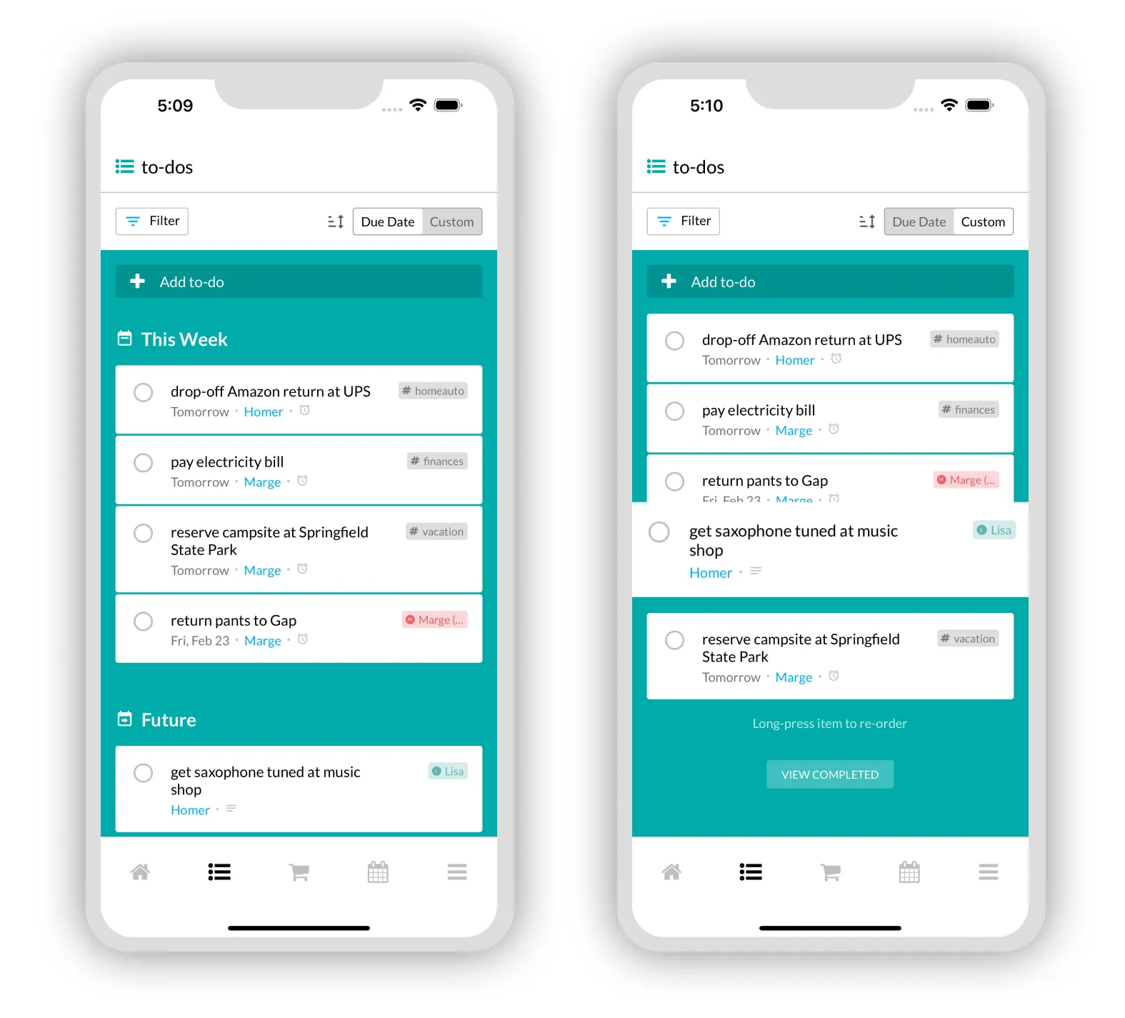 To-do’s sorted by due date or manually via drag-and-drop
