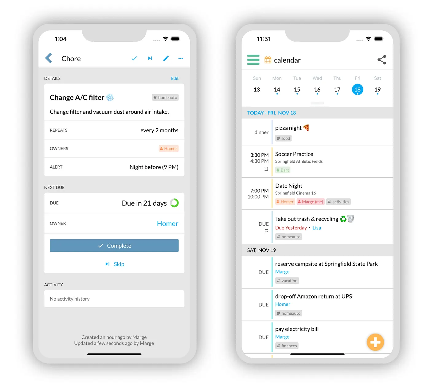 Track chore due dates using countdown indicators and on calendar
