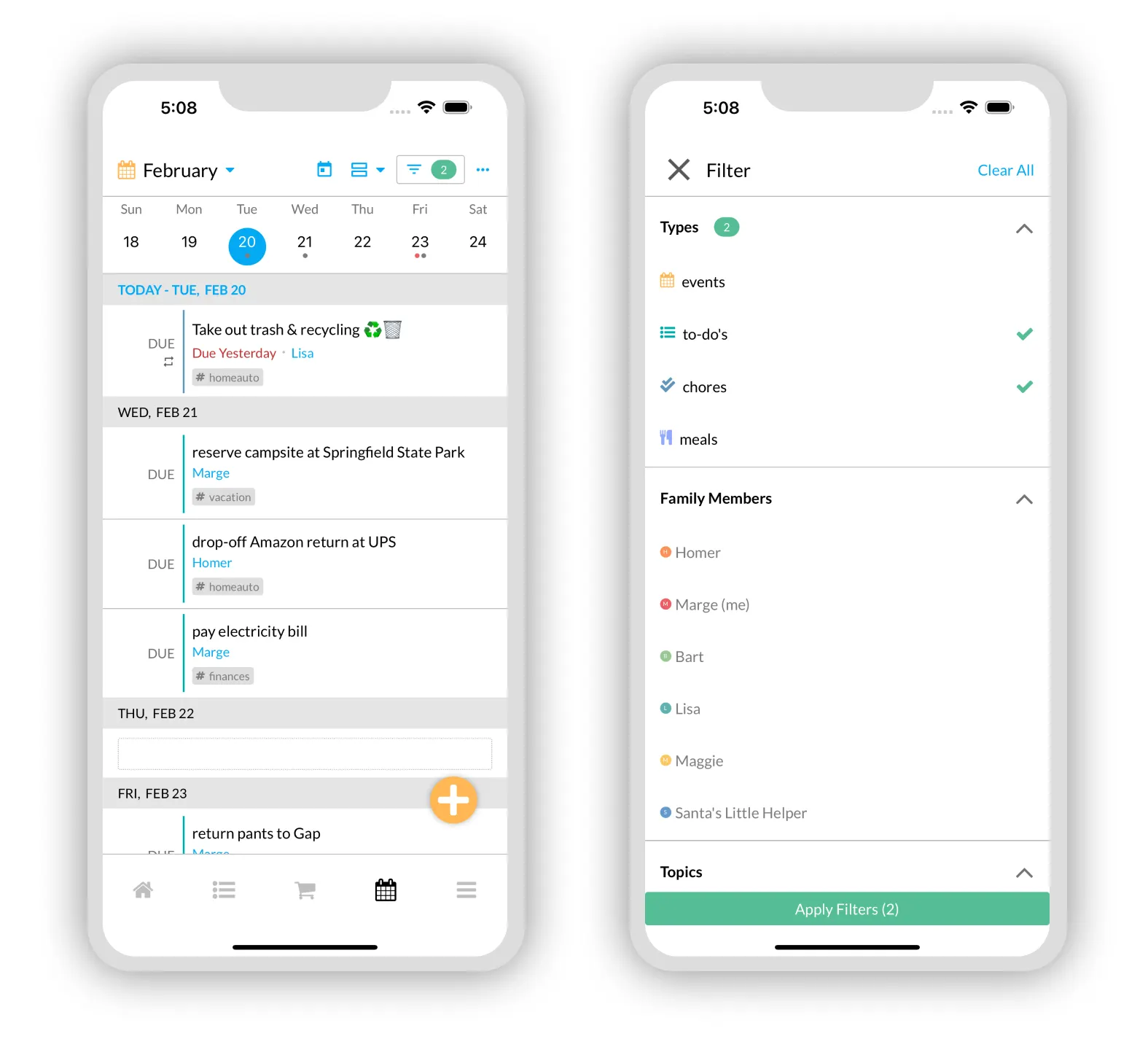 Filter calendar by content type