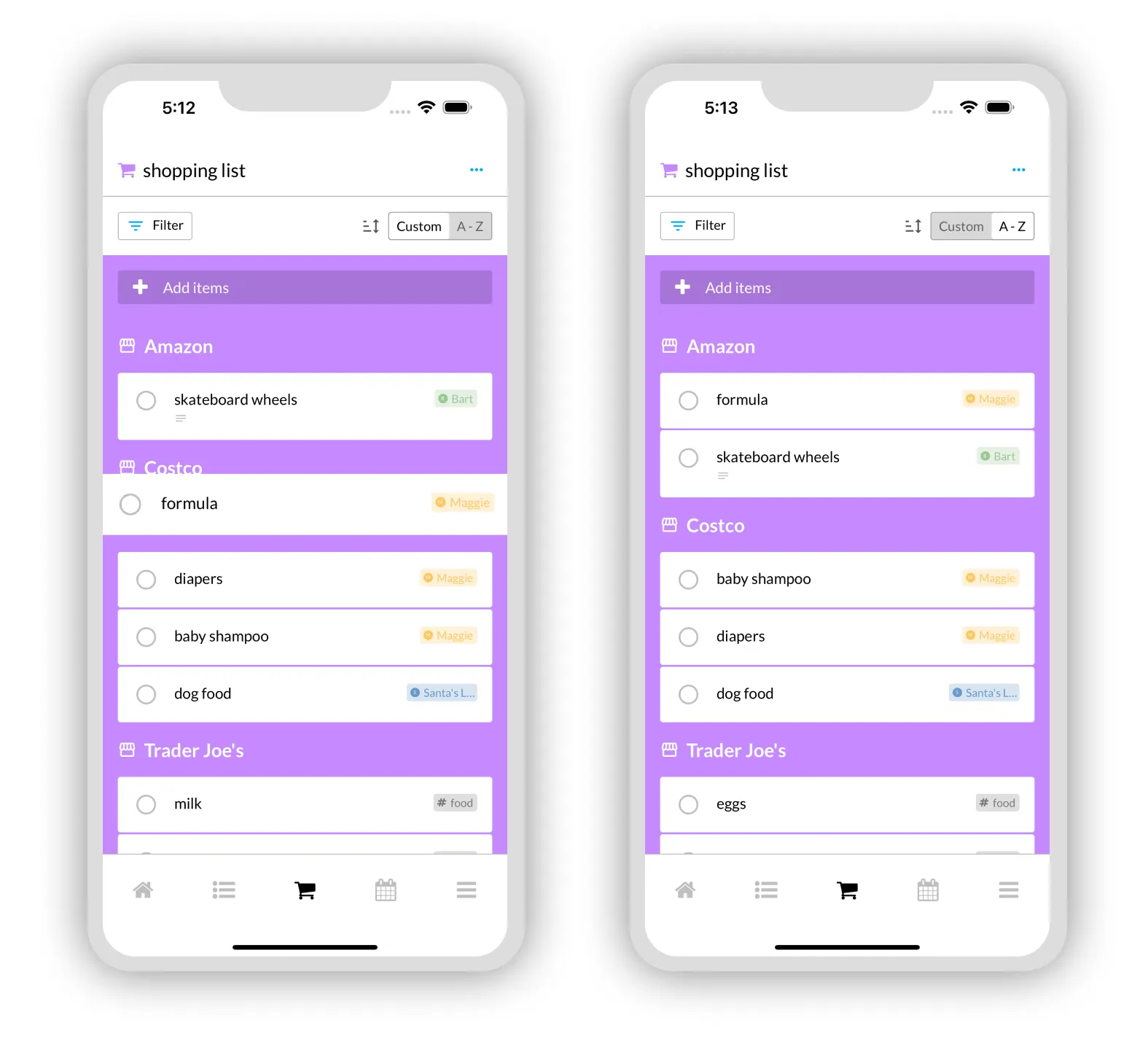 Shopping list sorted manually via drag-and-drop or alphabetically