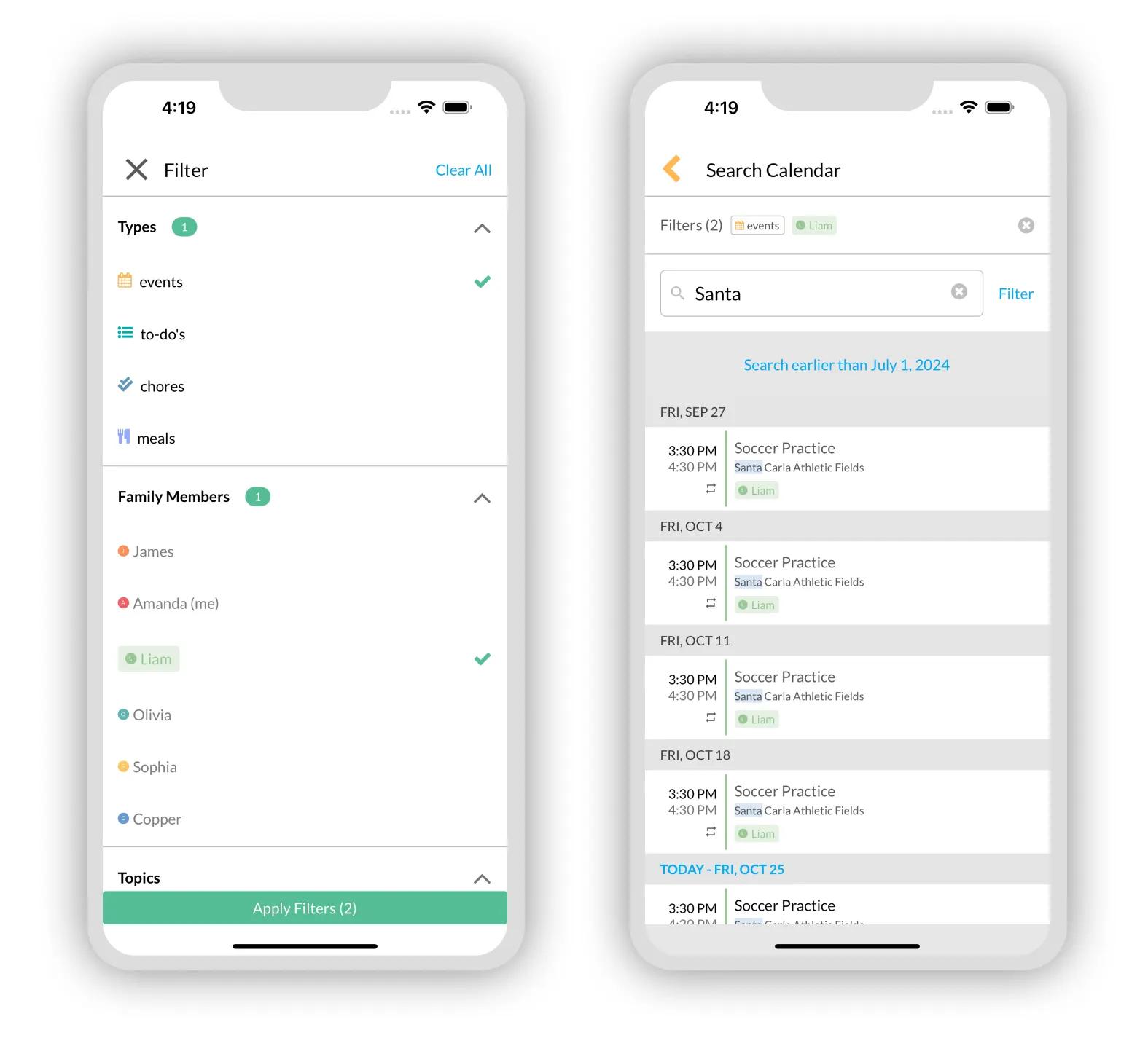 Filter by family members, topics, and content types; expand search time range
