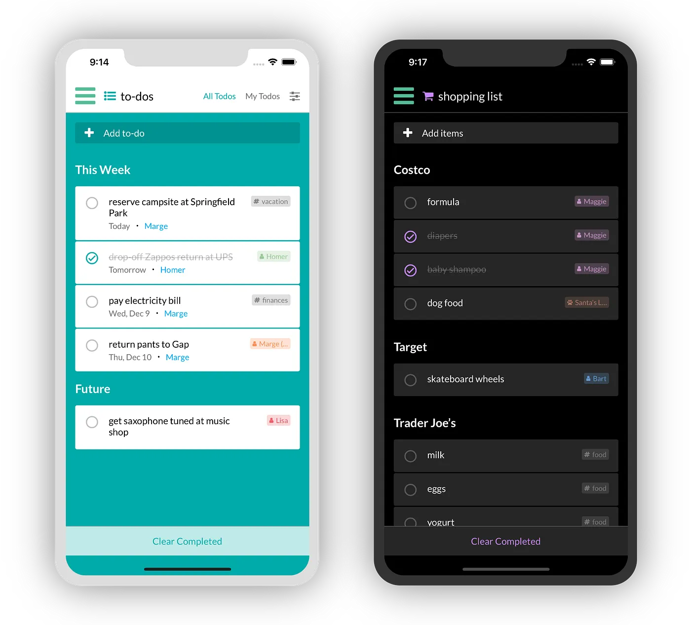 Clear completed action and design updates for to-dos and shopping items