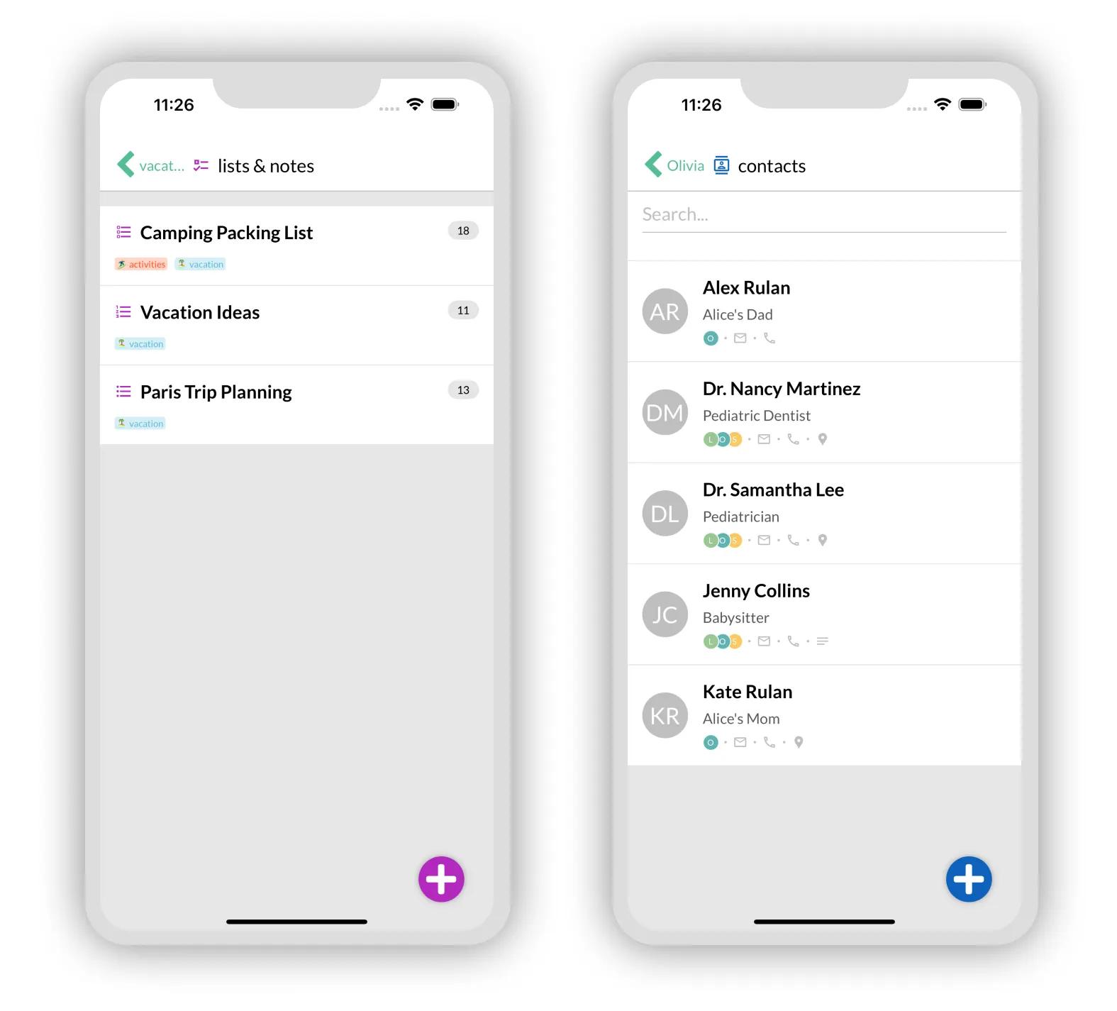 View lists and contacts for specific Family Members or Topics