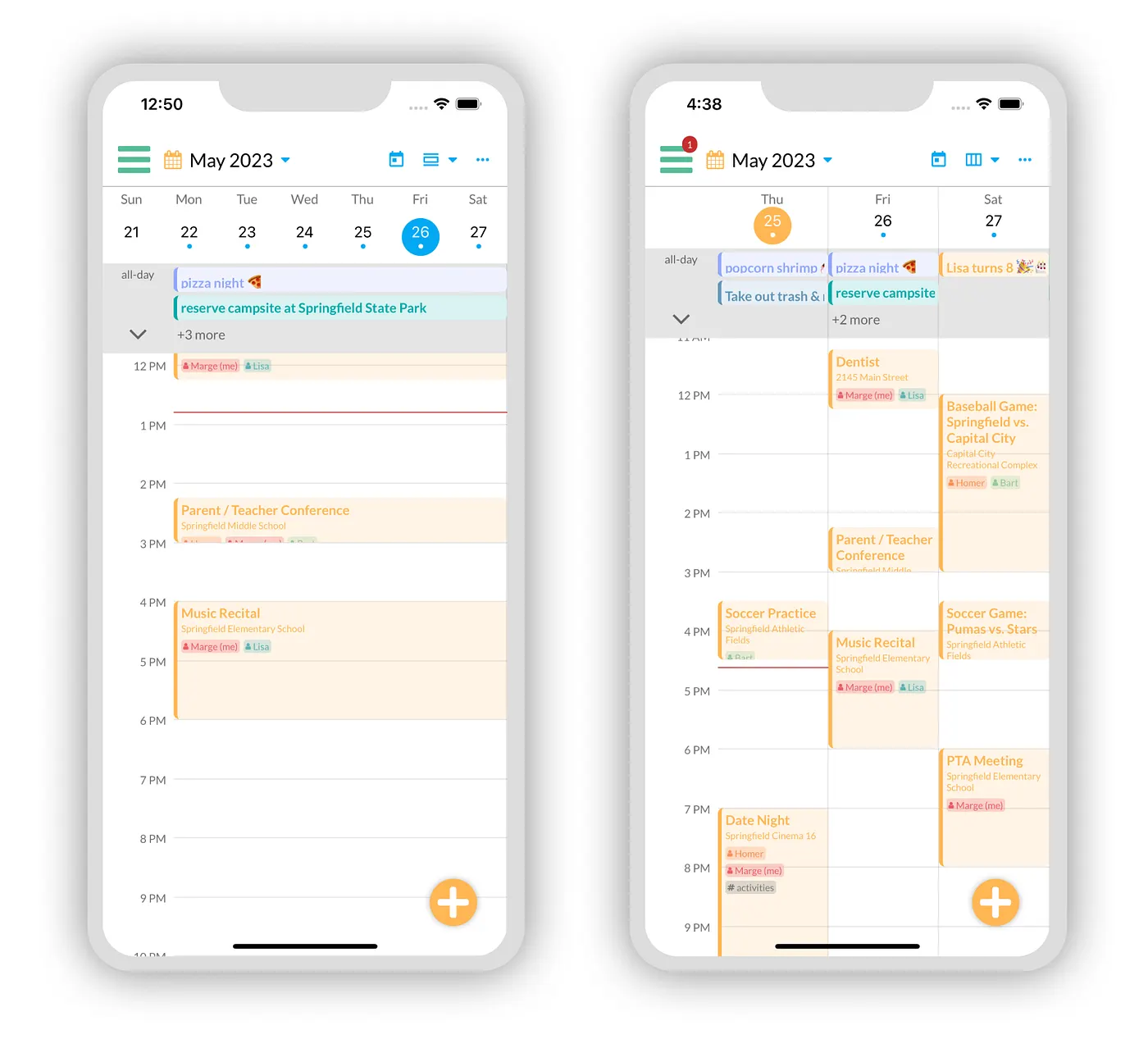 1 Day and 3 Day calendar views