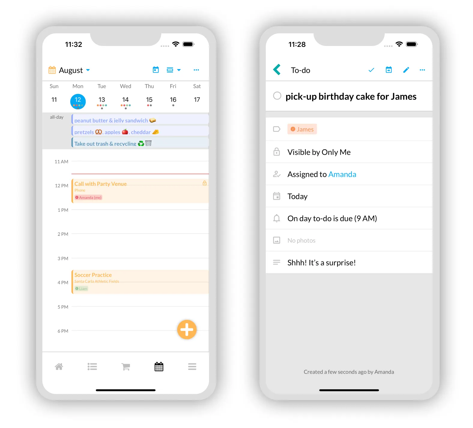 Calendar appointments, to-do’s, and health & activity events can be marked as private