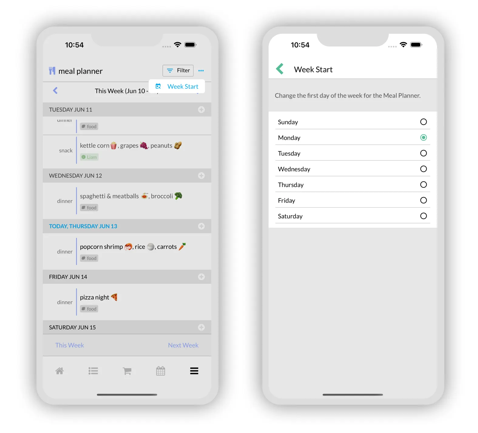 New preference allows you to change day of week meal planner starts on