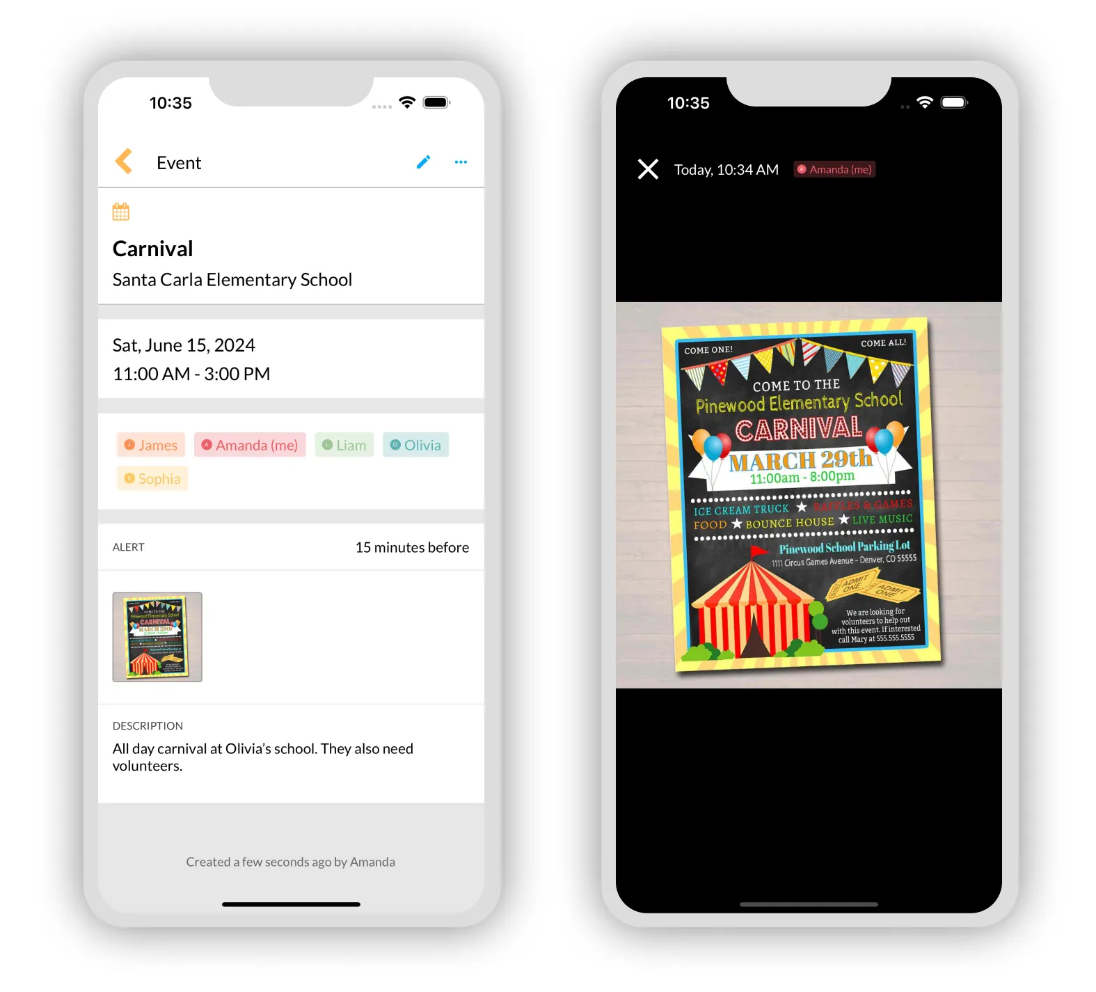 Attach a photo of a school flyer to a calendar appointment