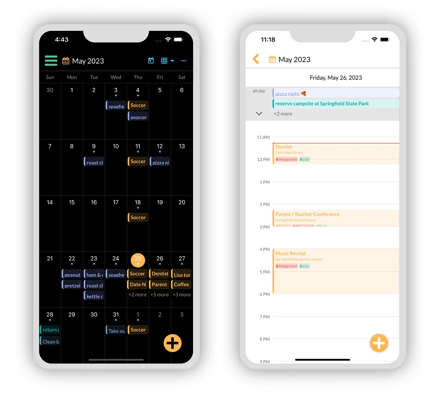 Month view in dark mode and day detail view