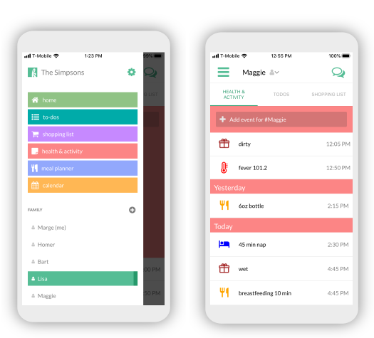 Family member or topic view showing Health & Activity