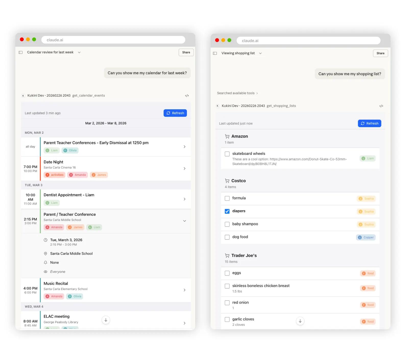 MCP App UIs for calendar and shopping list appearing directly in Claude agent chat