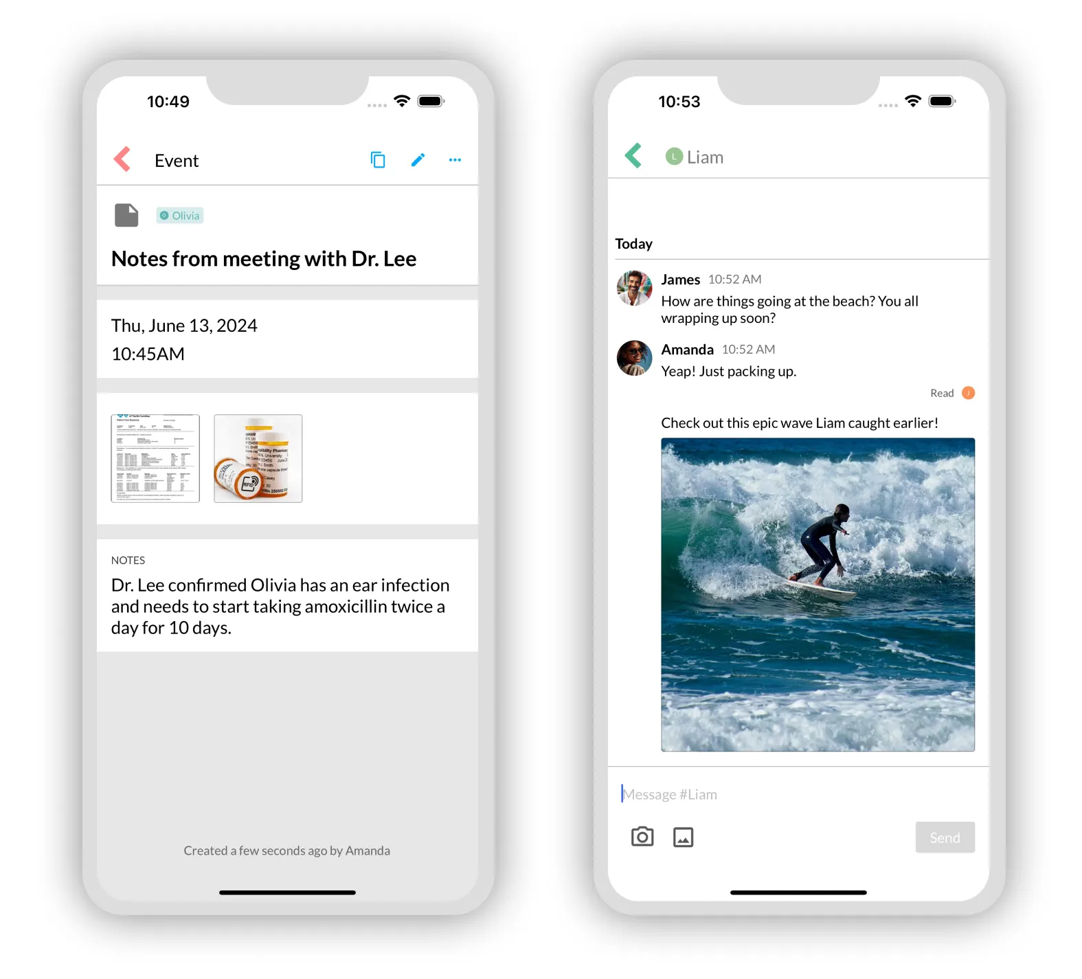 Attach photos of important information to health & activity events or share a special moment in a chat message