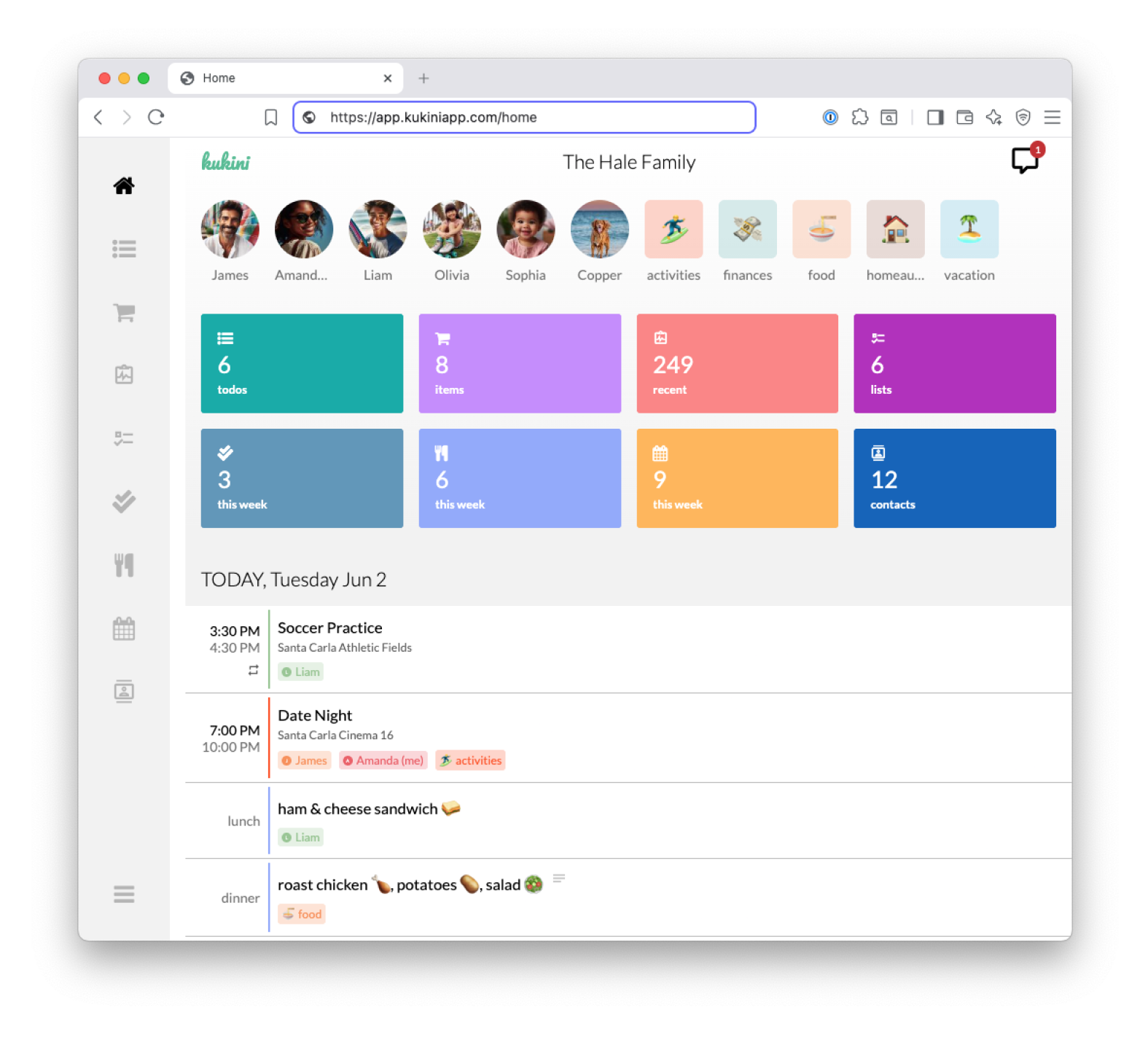 Kukini Home screen on web