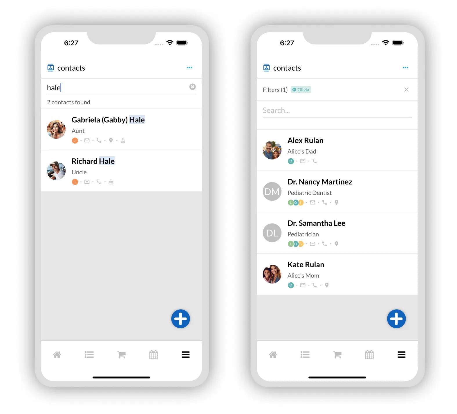 Keyword search and filtering by family member and topic