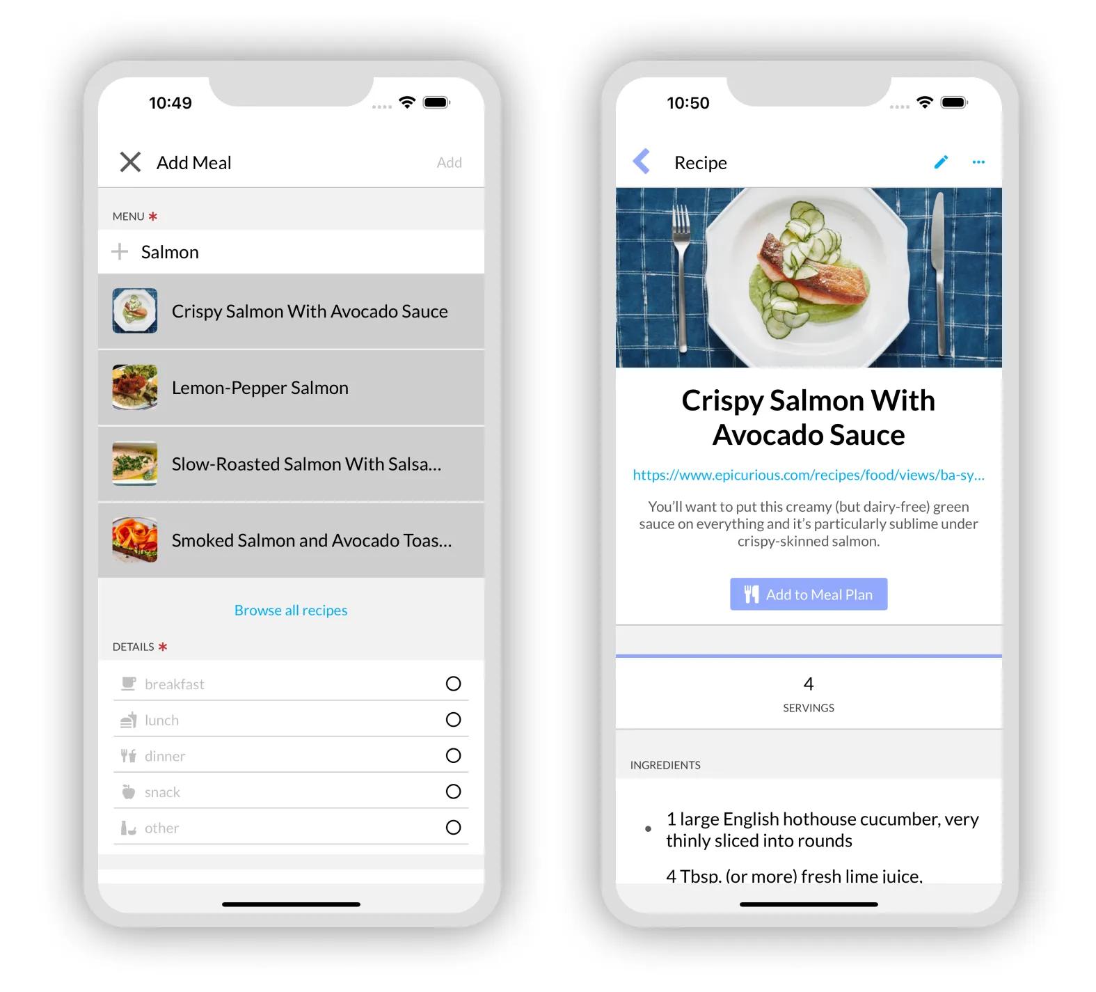 Add Recipe as Meal menu items