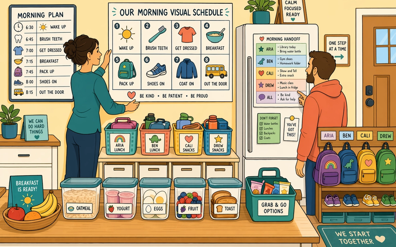 Parents arranging routine charts