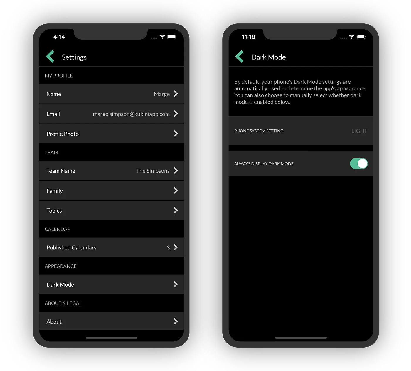 Manually enabling dark mode in Settings section