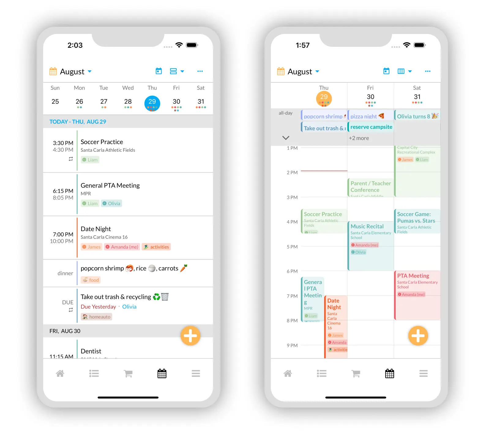 Agenda and 3-Day Calendar Views with Color Coded Appointments