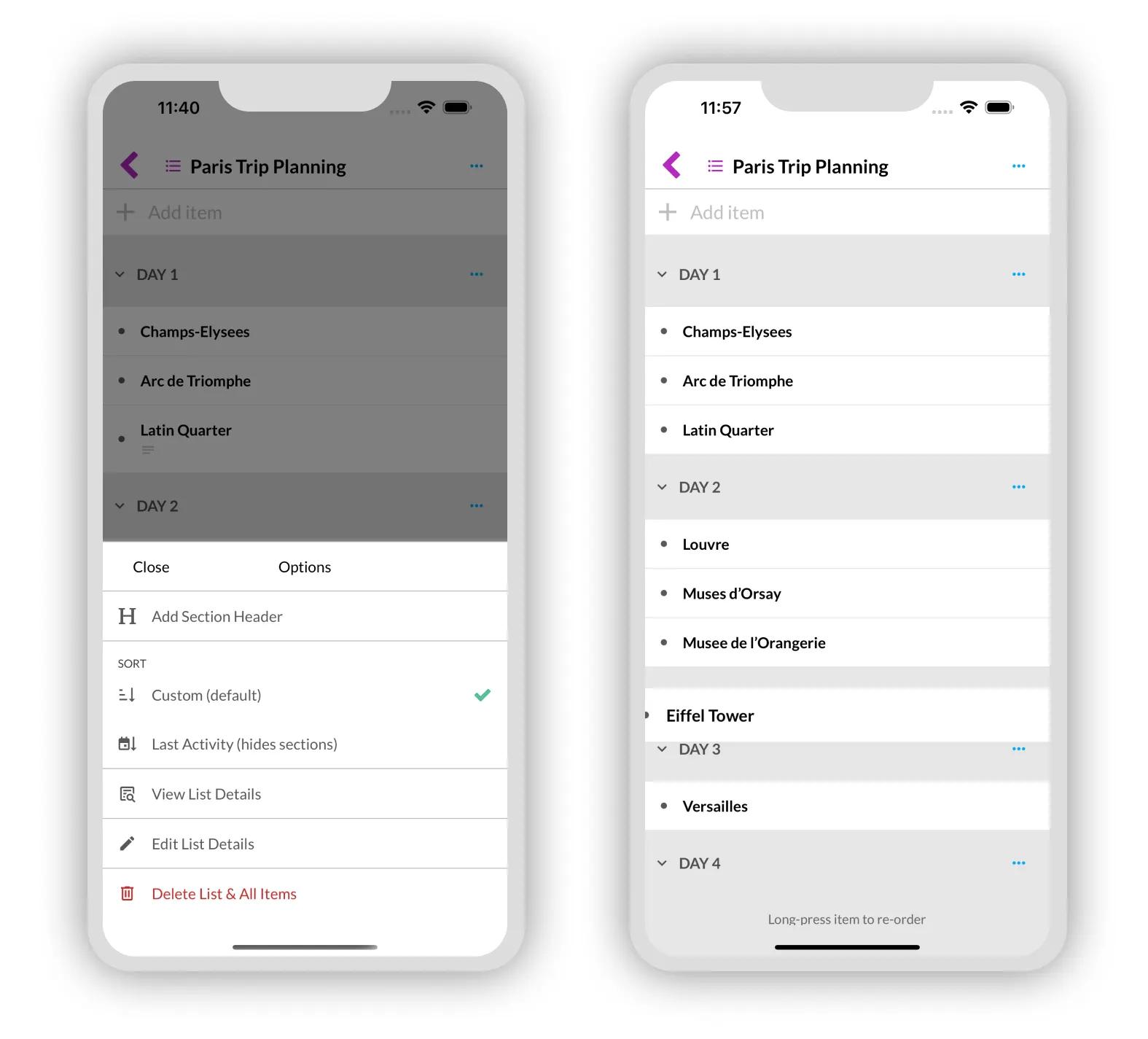 Add sections and drag to re-order items