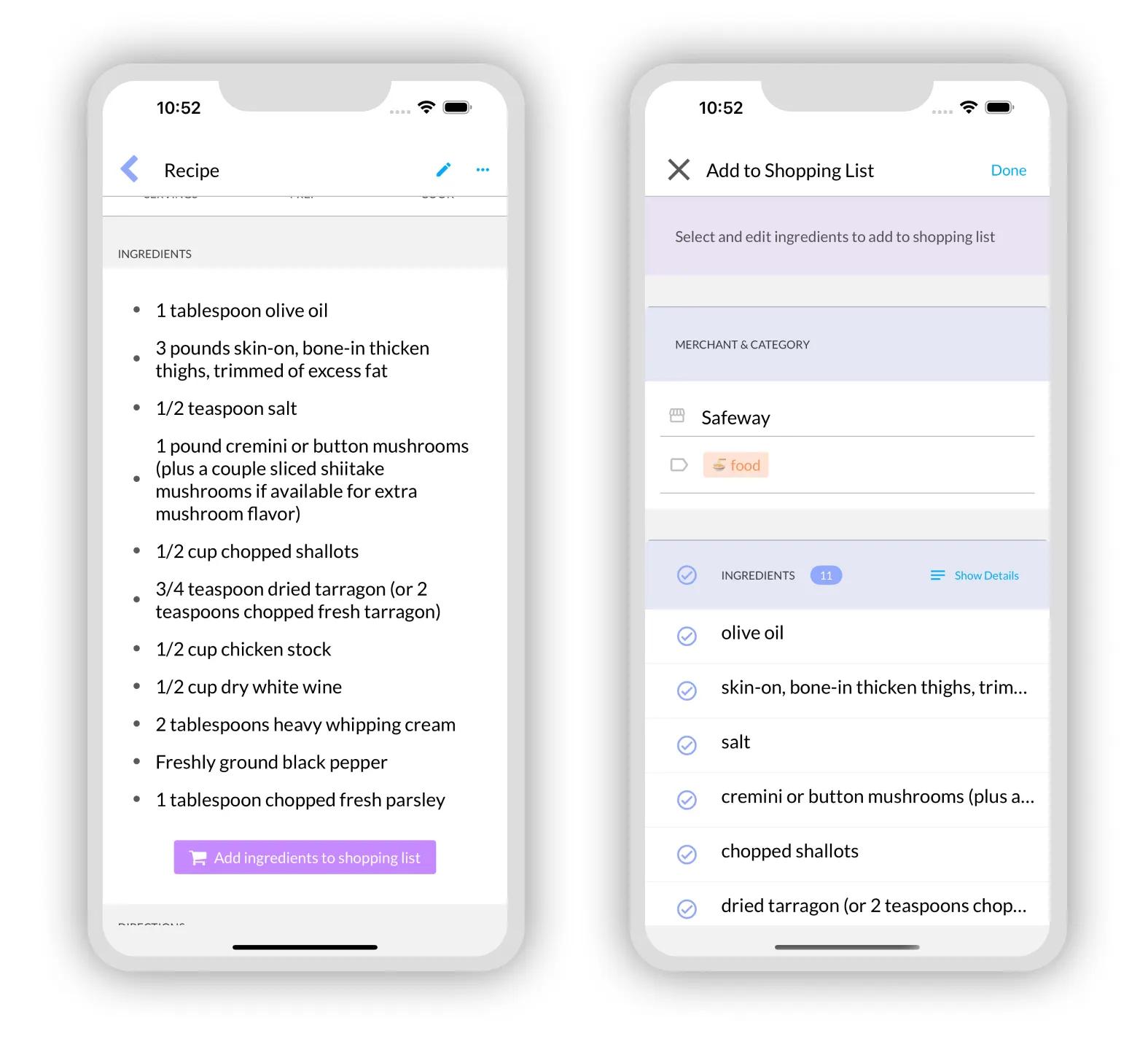 Easily add recipe ingredients to Shopping List