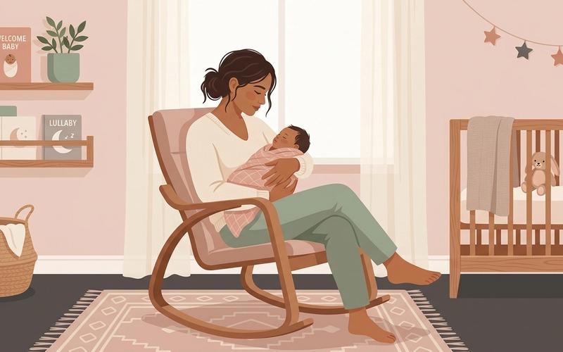 Mother holding baby in rocking chair