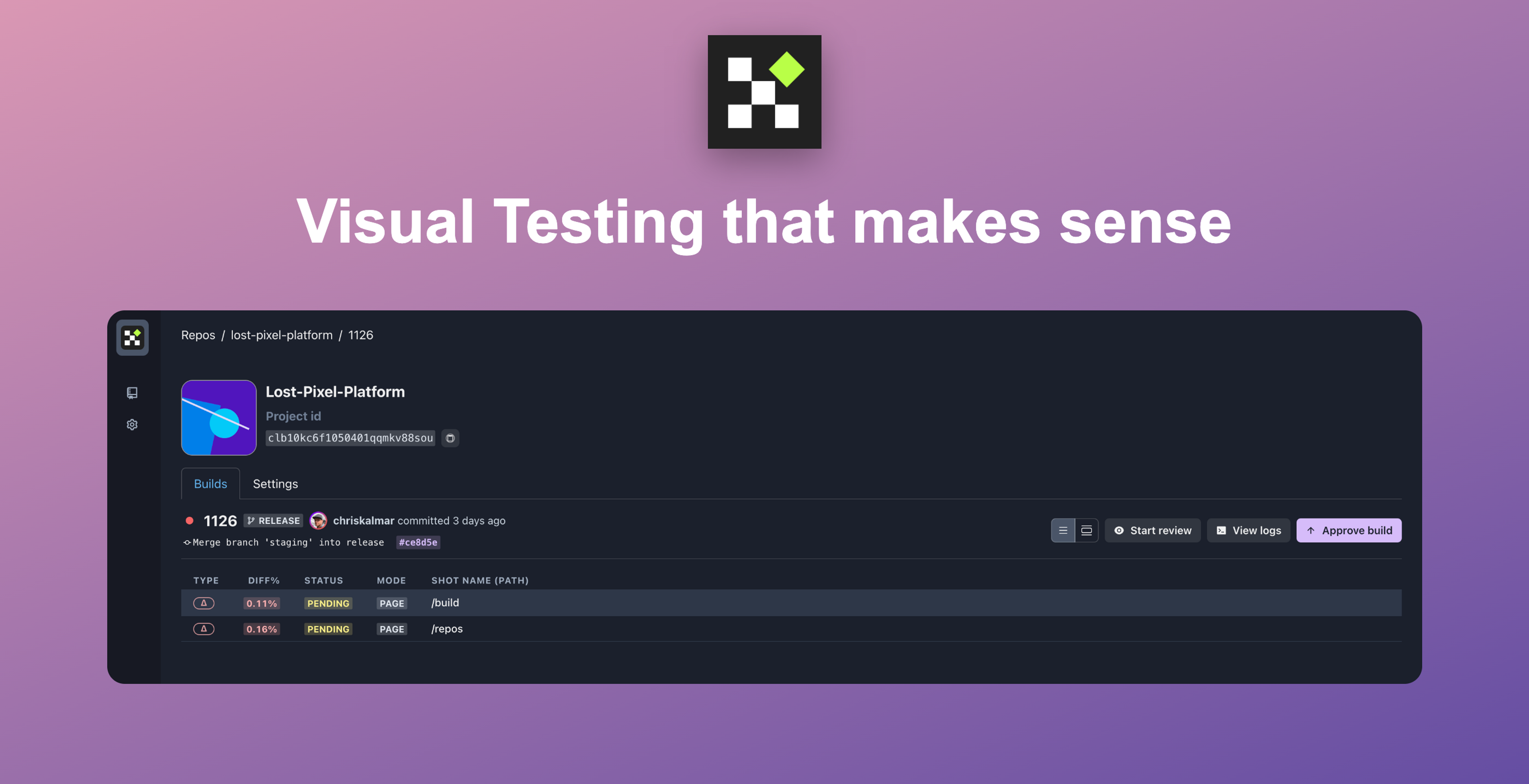 Lost Pixel platform UI together with a title "Visual testing that makes sense"