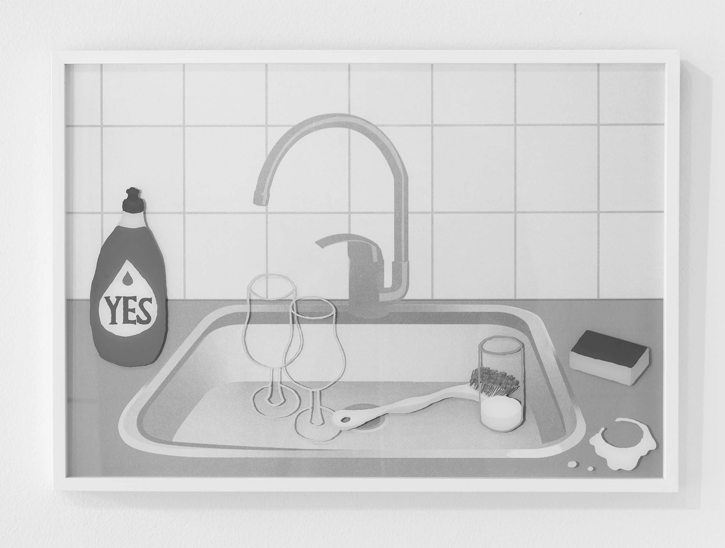 Kitchen Sink Realism (Spilled Milk), 2021 Reverse glass painting and riso print in frame