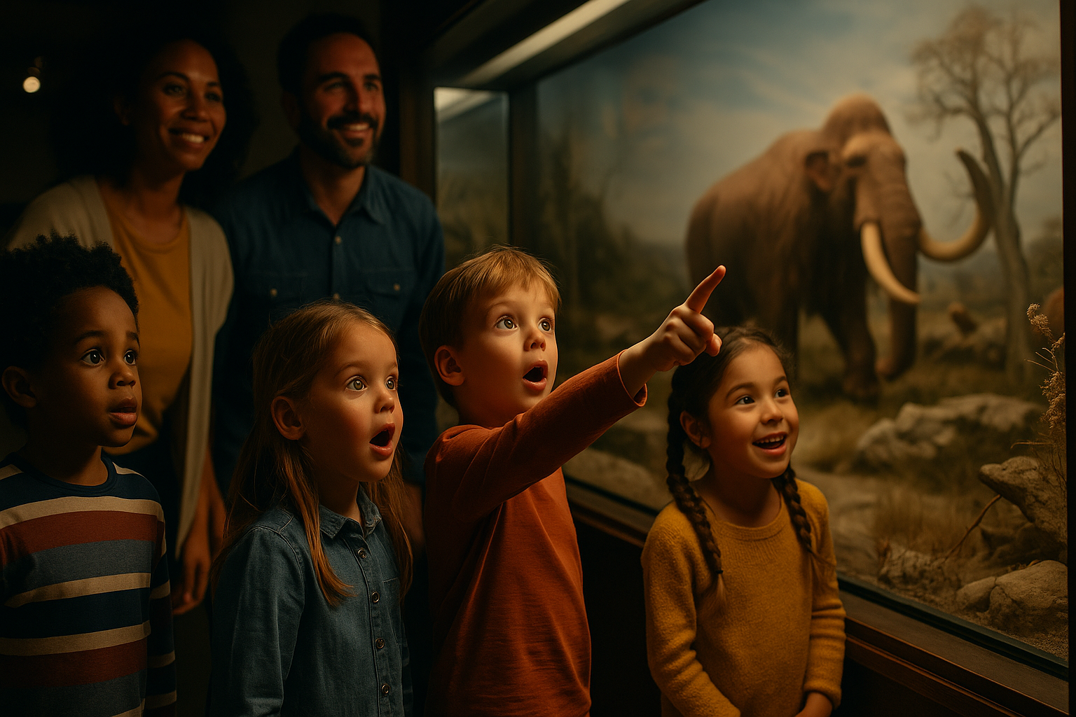 Four young children stand in front of a museum diorama featuring a mammoth, gazing in awe. One child points excitedly while two adults watch warmly in the background, all bathed in soft, focused lighting.