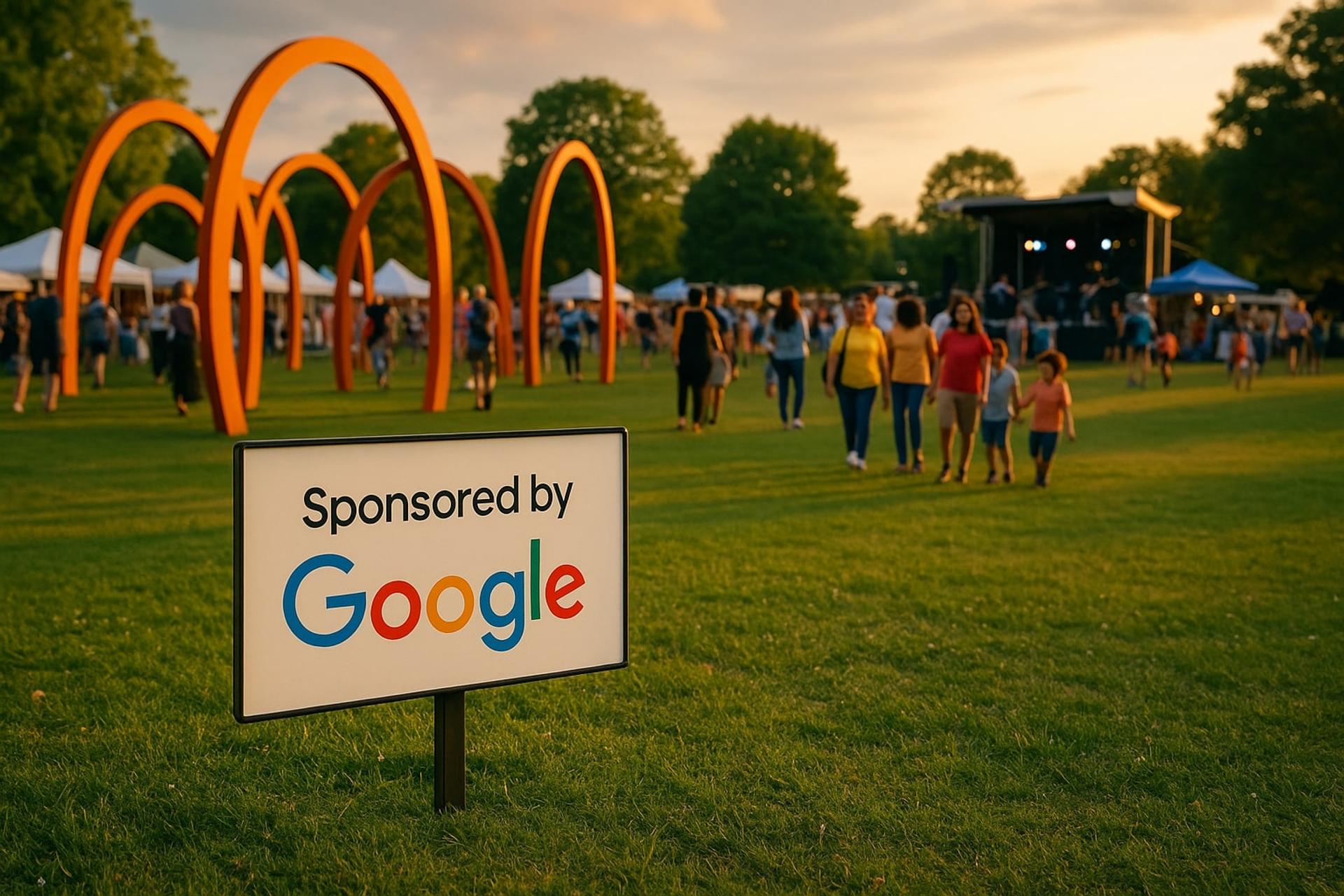Sponsorowane przez Google wydarzenie kulturalne na świeżym powietrzu w miejskim parku o zachodzie słońca. Na pierwszym planie widoczny elegancki bilbord z napisem „Sponsored by Google”. W tle ludzie spacerują między kolorowymi instalacjami i namiotami, a dalej scena z muzyką na żywo.