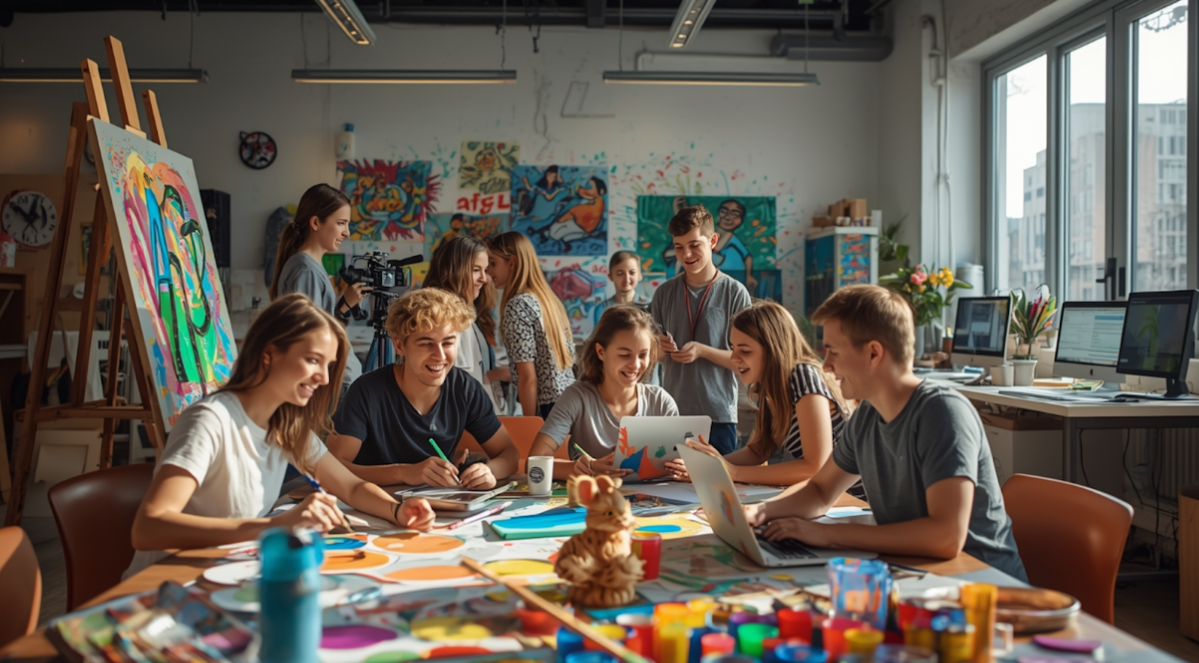 A group of young people taking part in an art workshop — painting, drawing, and collaborating in a creative space filled with colorful artwork and positive energy.