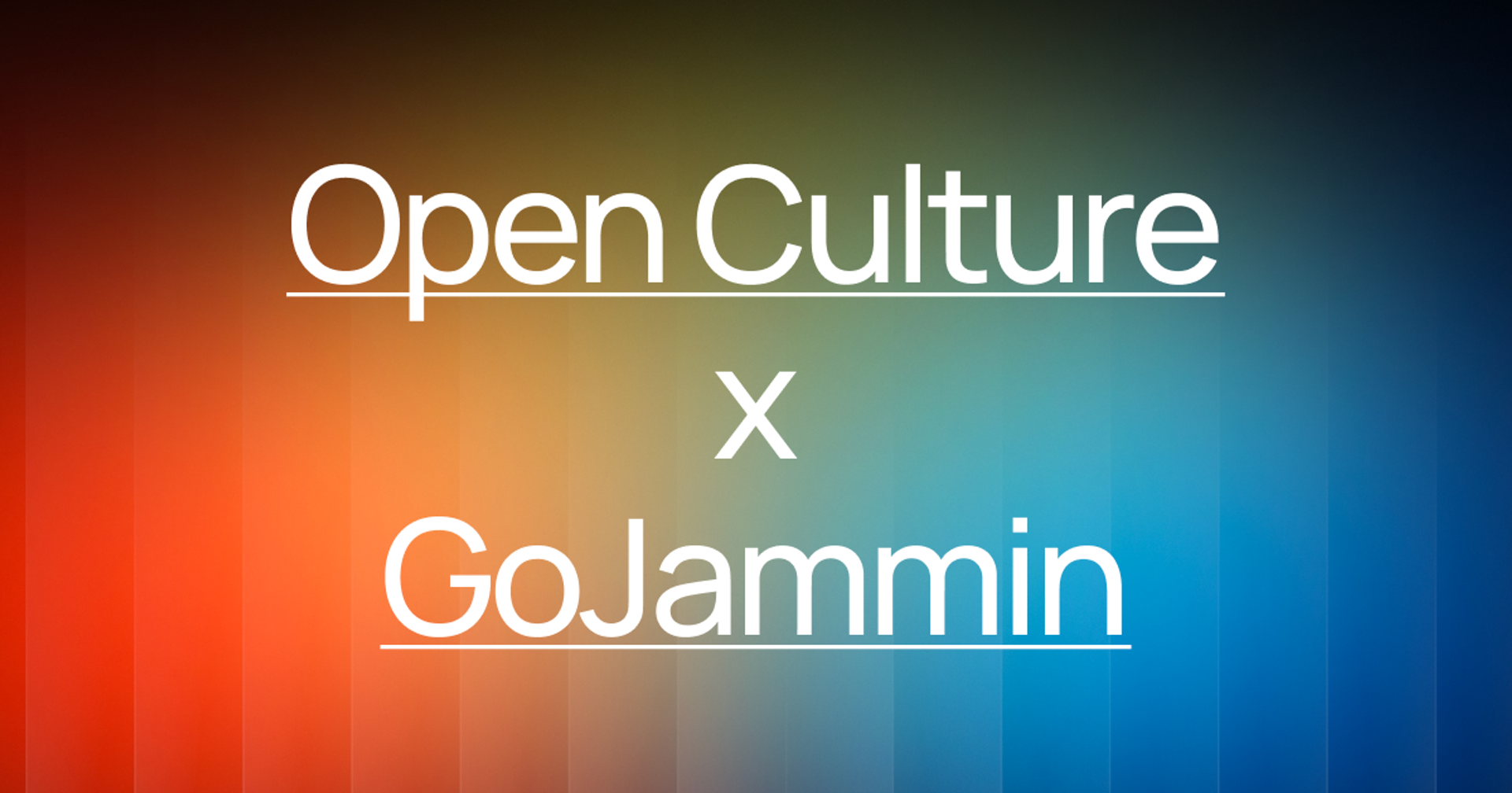 OpenCulture x GoJammin — grafika współpracy z ikonami kategorii (muzyka, rodzina, film); aplikacja do odkrywania wydarzeń.