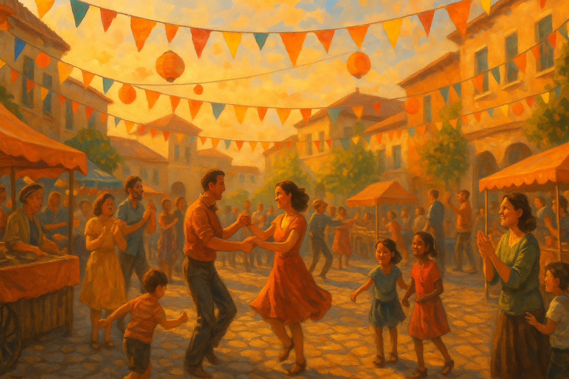 A warm, golden‐hour street fair scene in a 16:9 frame: a cobblestone square strung with colorful pennant flags and lanterns. Locals gather around market stalls, watching performances and dancing; children play nearby as families clap and laugh under sunset light.