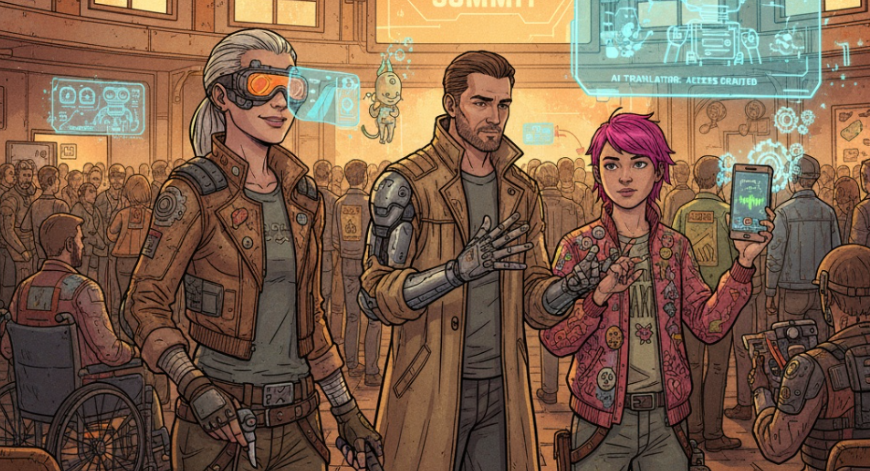 Ilustracja przedstawia nowoczesne wydarzenie kulturalne poświęcone dostępności AI. W futurystycznej sali z holograficznymi ekranami widzimy różnorodnych uczestników, osobę na wózku i tłumacza języka migowego. Scena łączy technologię, kulturę i inkluzywność w ciepłej, kolorowej atmosferze.