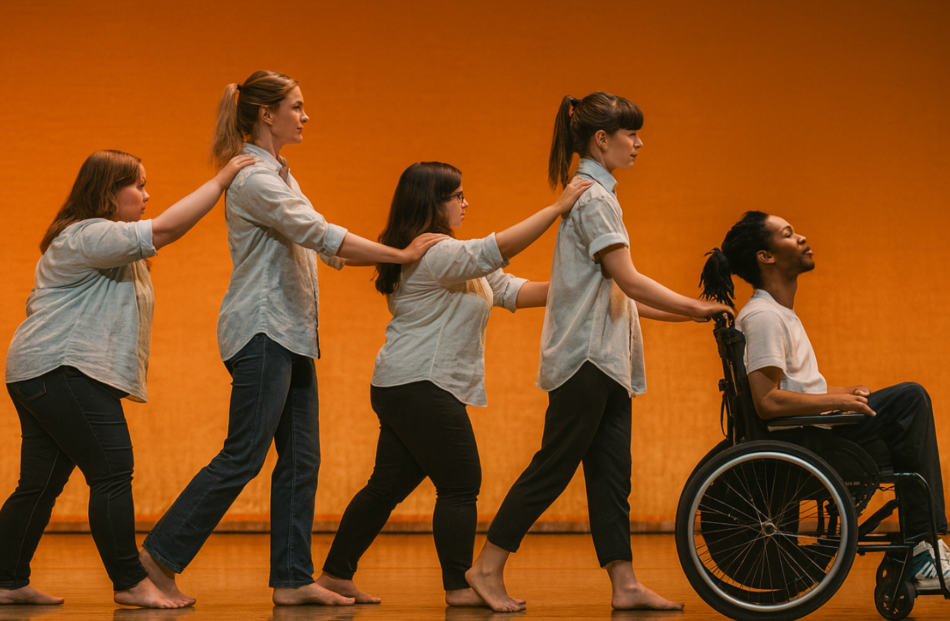 A diverse group of dancers performs on stage against an orange background. Four barefoot performers walk in a line, gently touching each other's shoulders, following a man in a wheelchair who leads the group with confidence and grace.