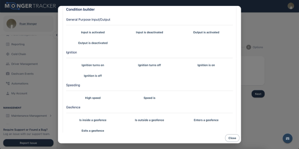 Screenshot of MongerTracker's Condition Builder, showing options for GPS tracking in fleet management, such as ignition status and geofence monitoring.