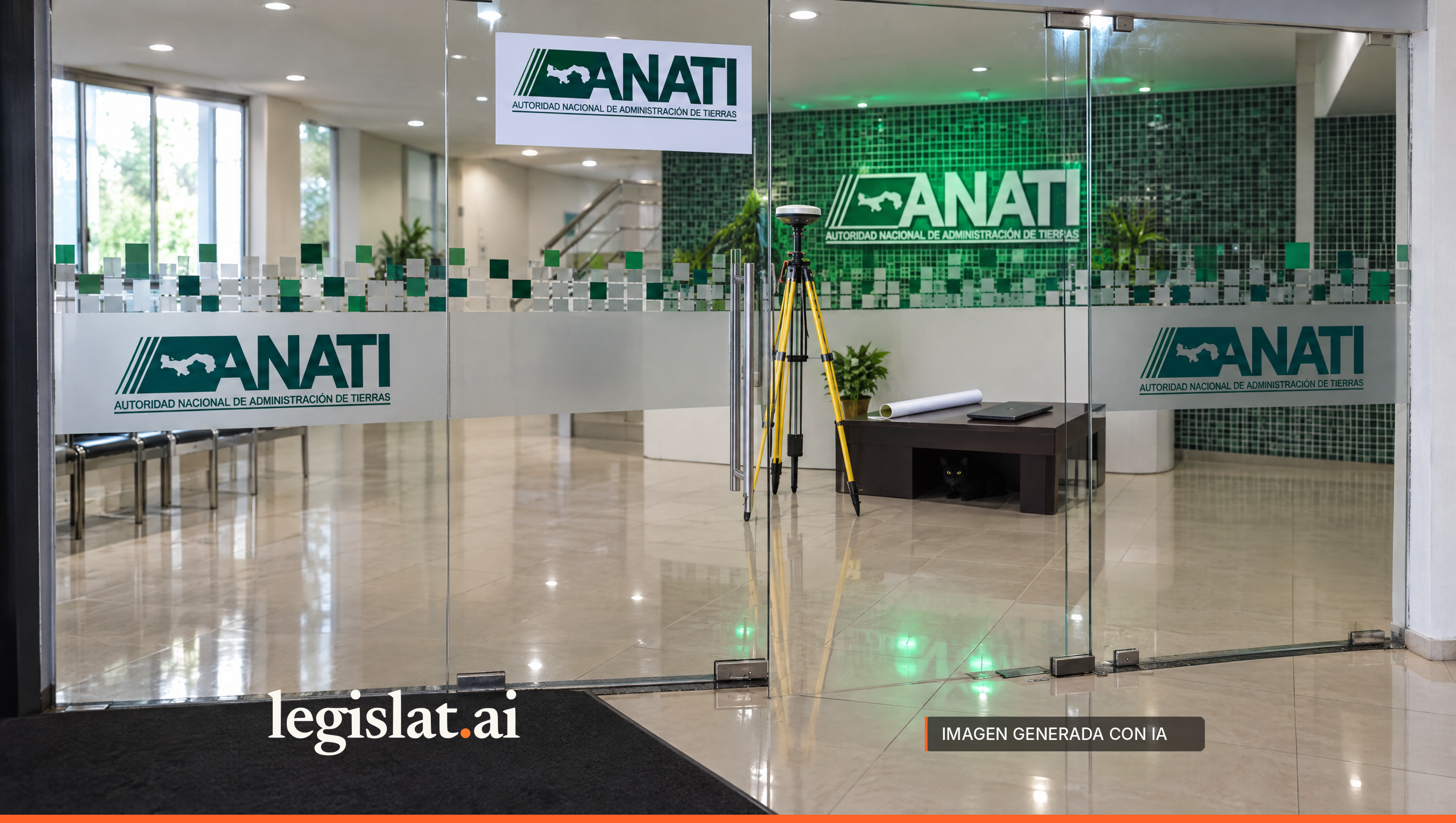 Un receptor GNSS de topografía sobre trípode en el vestíbulo de una oficina de la ANATI.