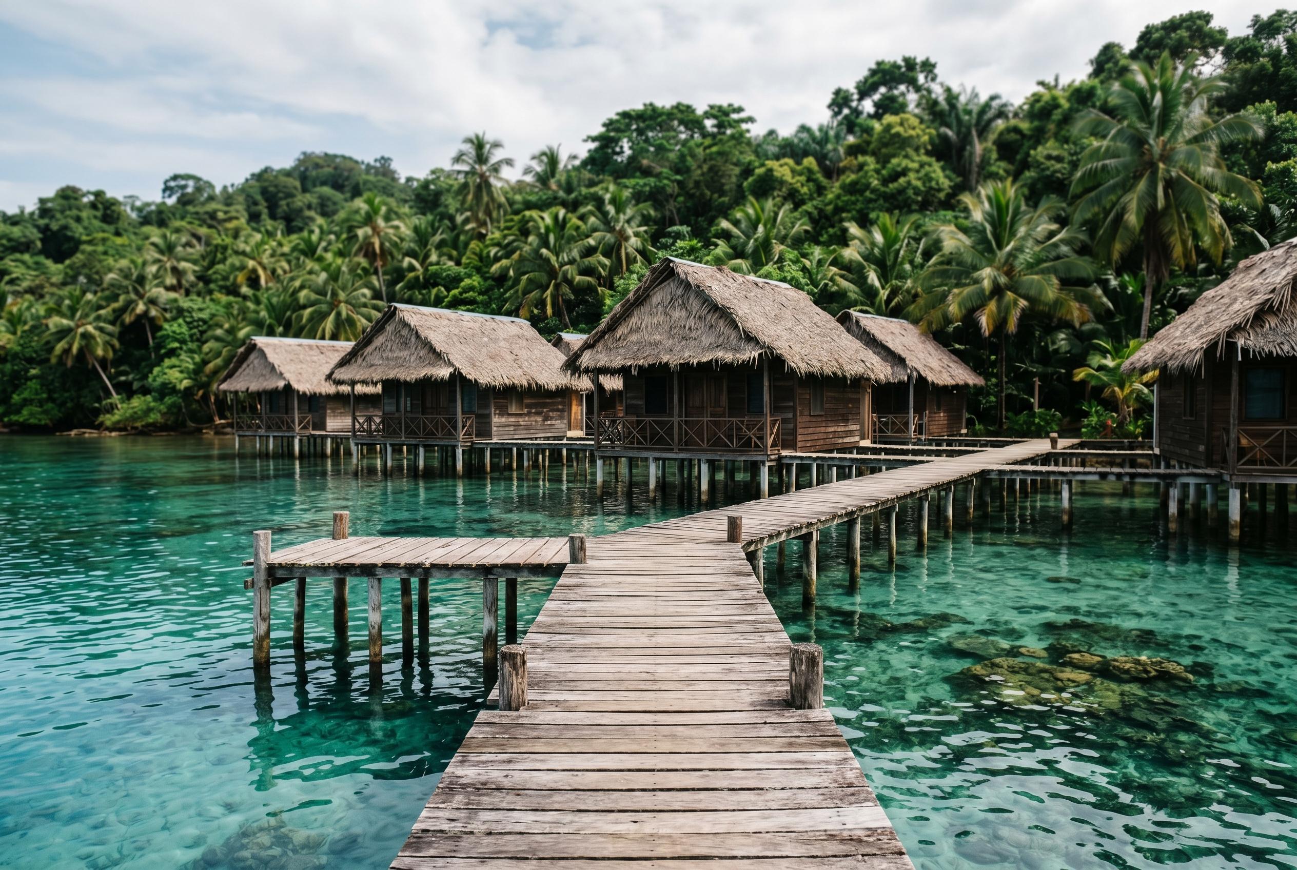Cabanas sobre el agua turquesa en Bocas del Toro