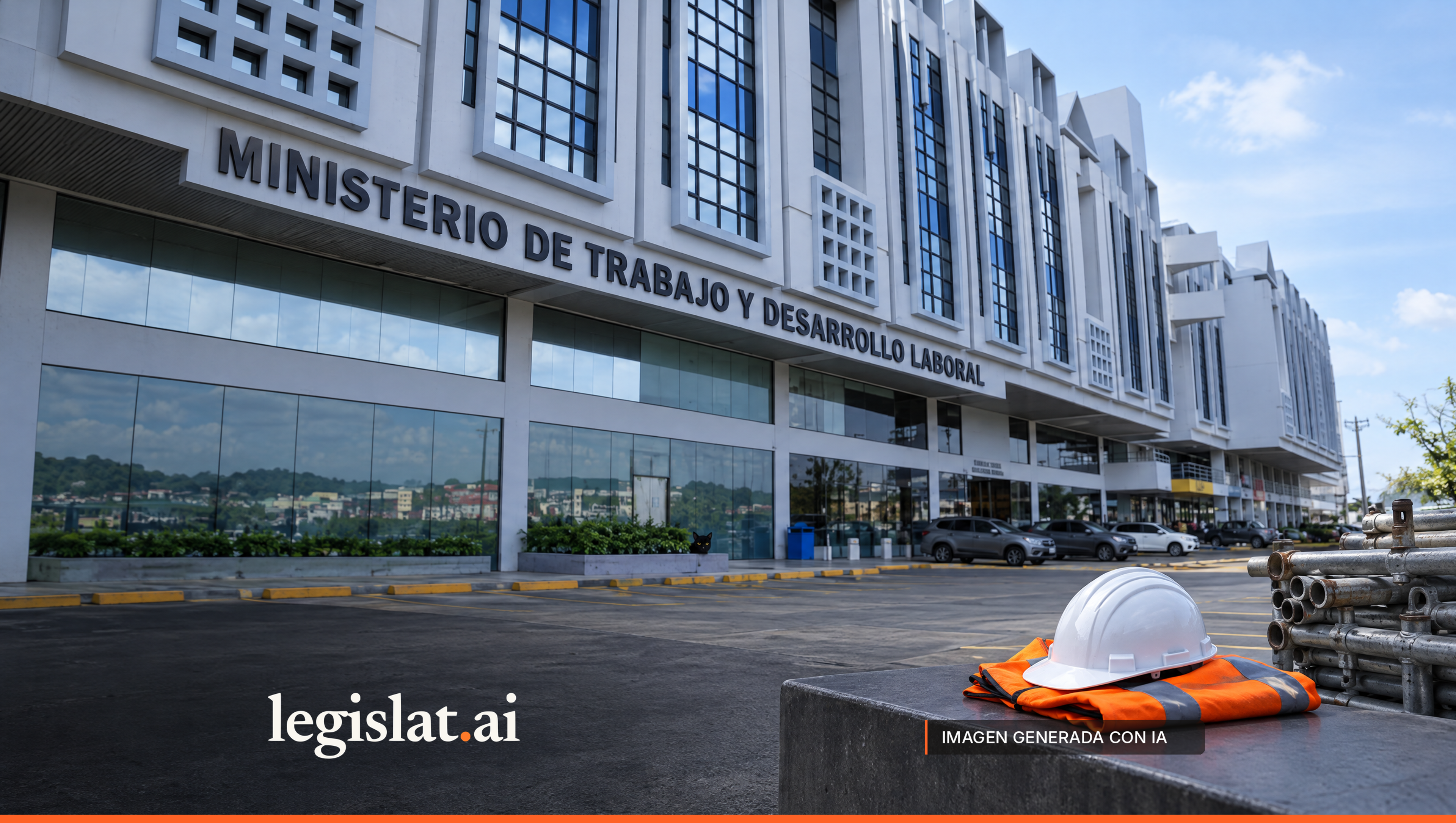 Sede del Ministerio de Trabajo y Desarrollo Laboral con su nombre en la fachada; en primer plano, un casco blanco y un chaleco naranja sobre una banca de concreto y un gato negro junto a una jardinera.
