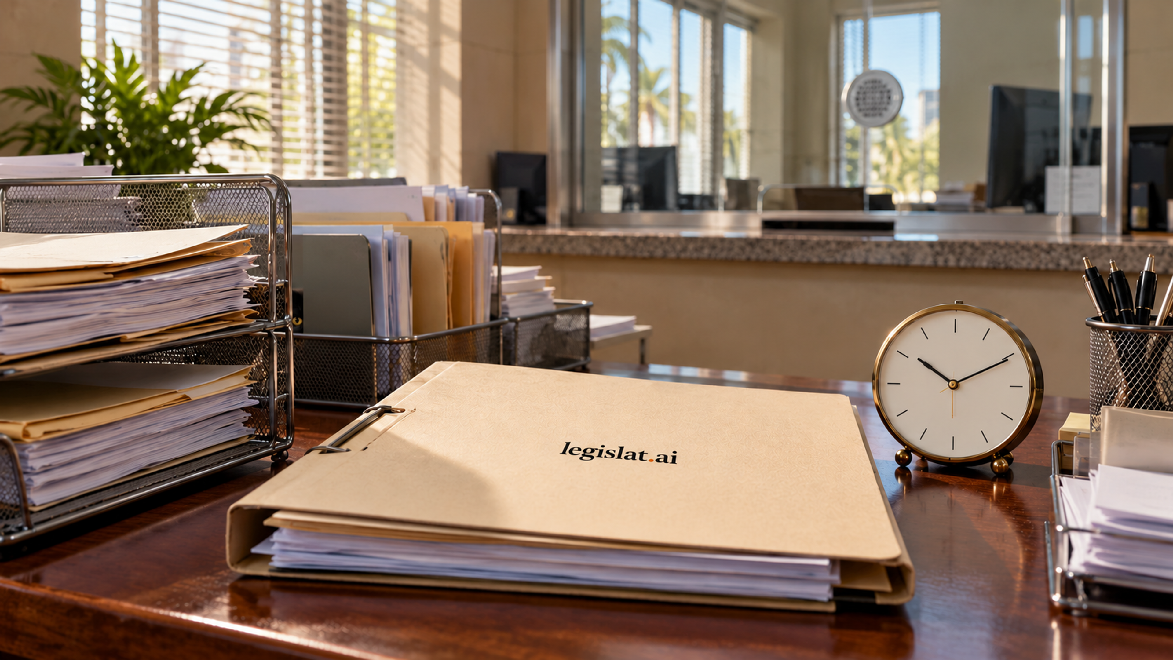 Oficina sin personas con expedientes, reloj y carpeta con el logo de Legislat; un gato negro permanece casi oculto.