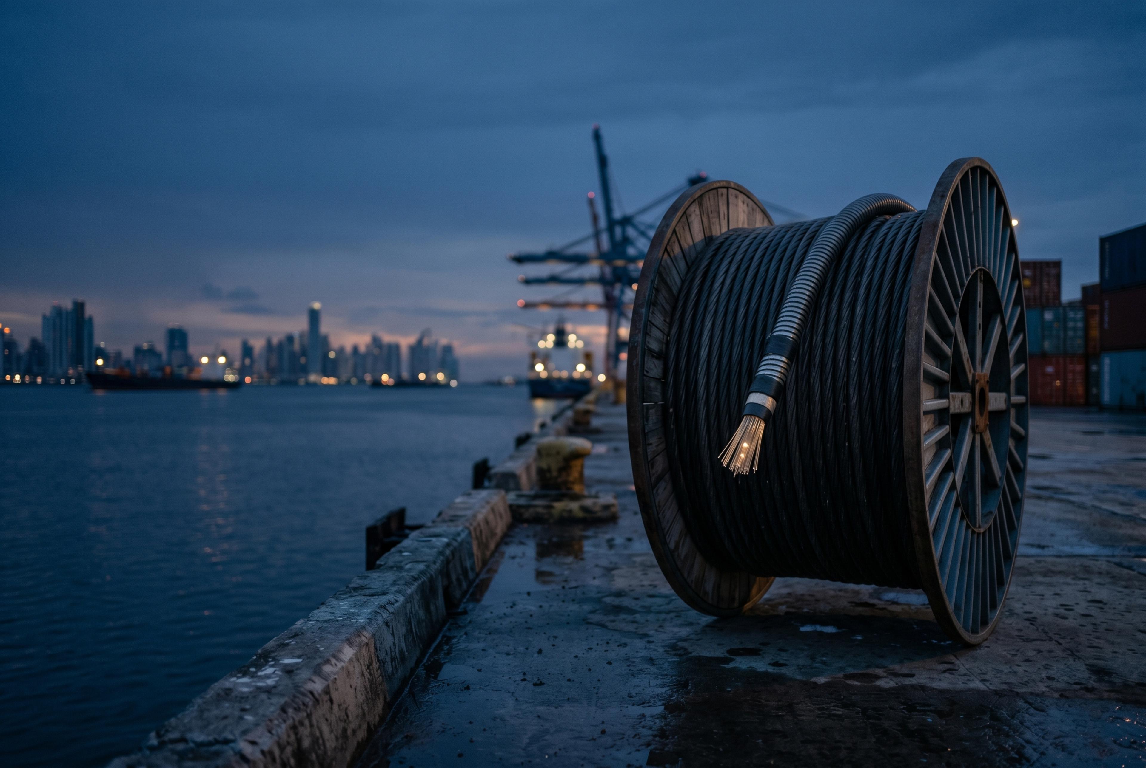 Carrete de cable submarino de fibra optica en un muelle