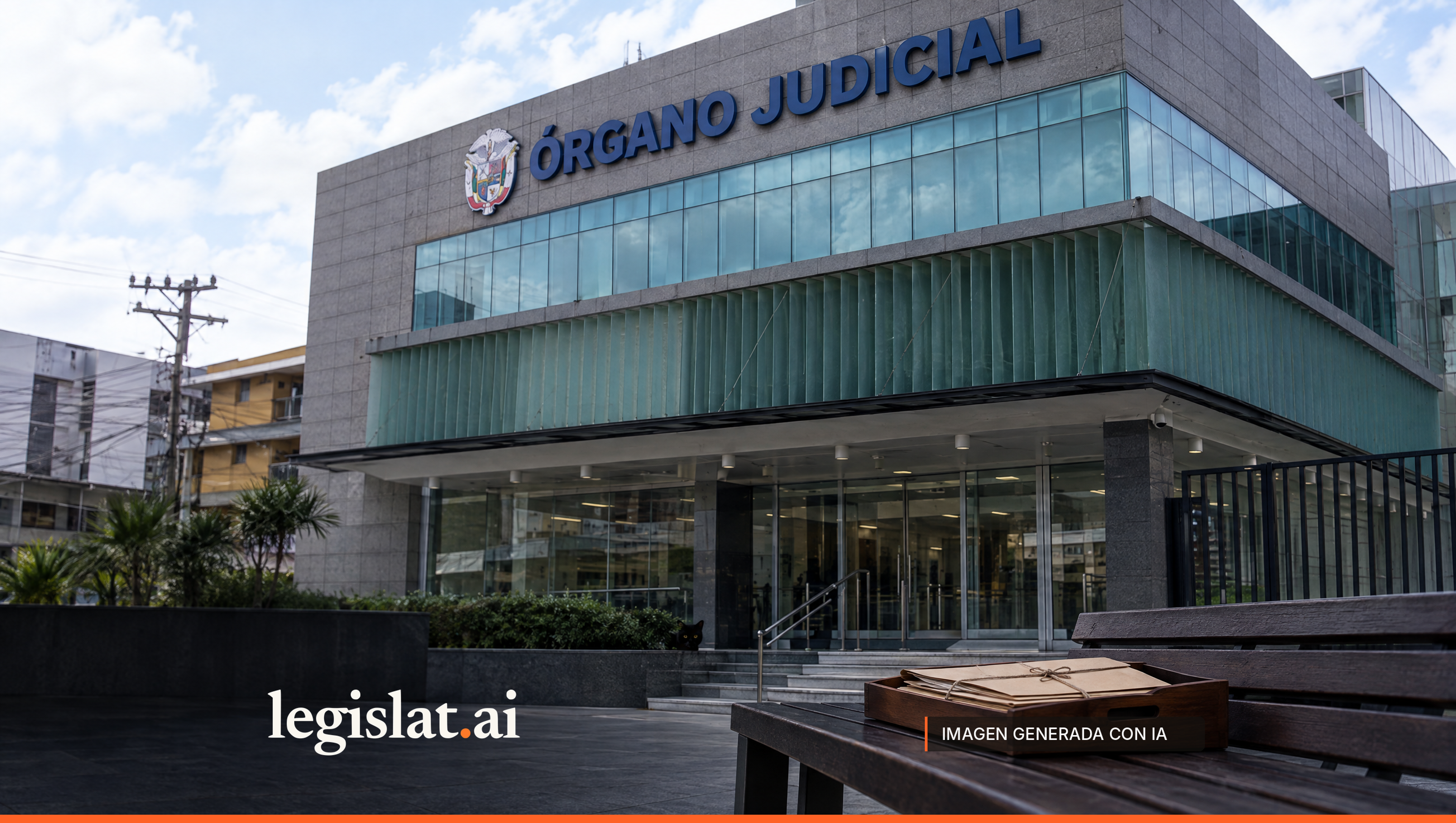 Judiciary building with its emblem and name shown large on the facade; in the foreground, a tray of tied folders on a bench and a black cat by the steps.