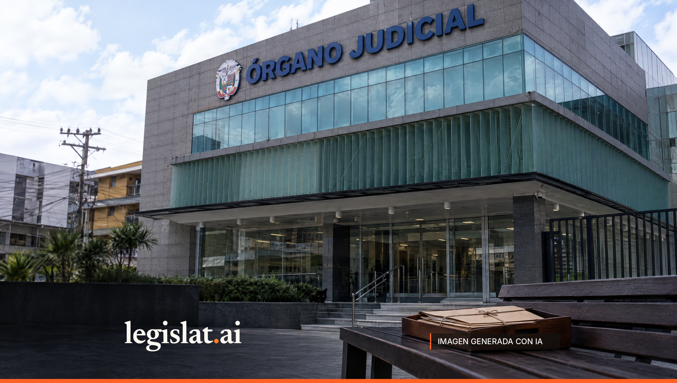 Judiciary building with its emblem and name shown large on the facade; in the foreground, a tray of tied folders on a bench and a black cat by the steps.