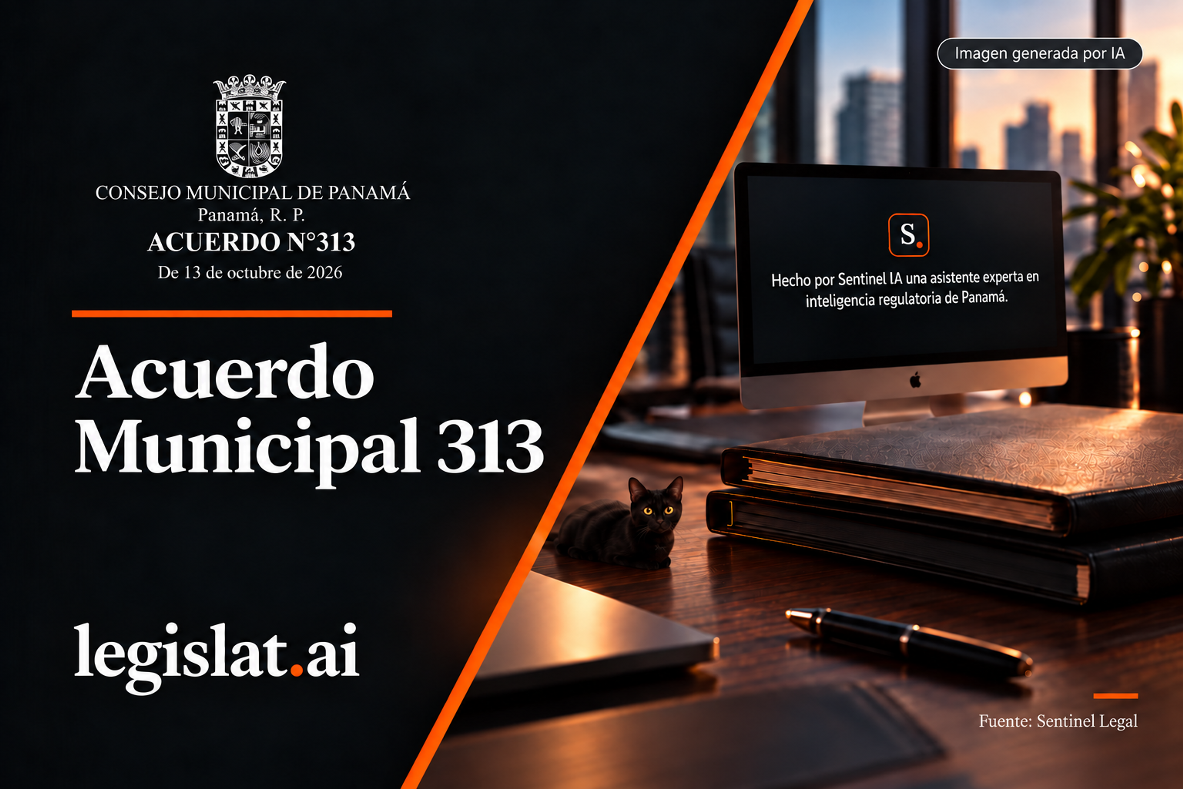 Ilustración editorial del Acuerdo Municipal 313 con un escritorio y una computadora con la identidad de Sentinel.