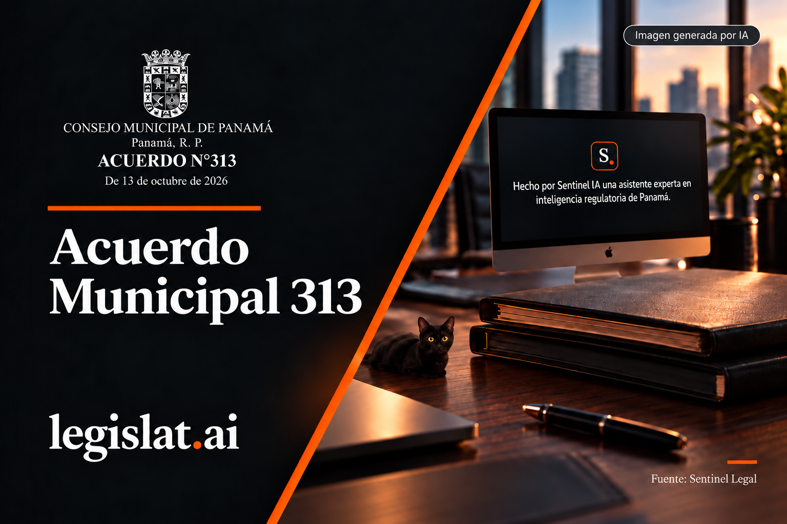 Ilustración editorial del Acuerdo Municipal 313 con un escritorio y una computadora con la identidad de Sentinel.